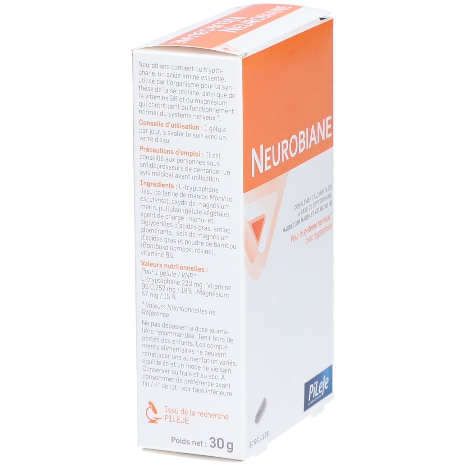 Vue latérale de la boîte "NEUROBIANE". Couvercle orange. Texte et informations sur fond blanc. Marque : Pileje.