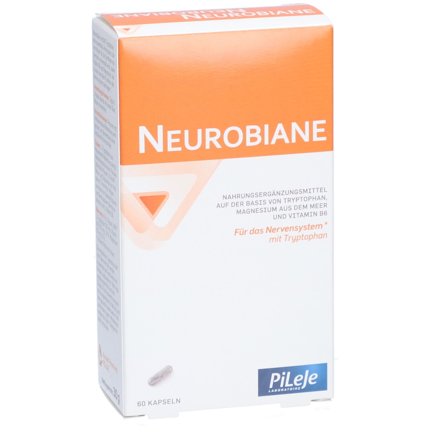Boîte "NEUROBIANE" avec 60 gélules. Couvercle orange avec texte blanc. Marque : Pileje.