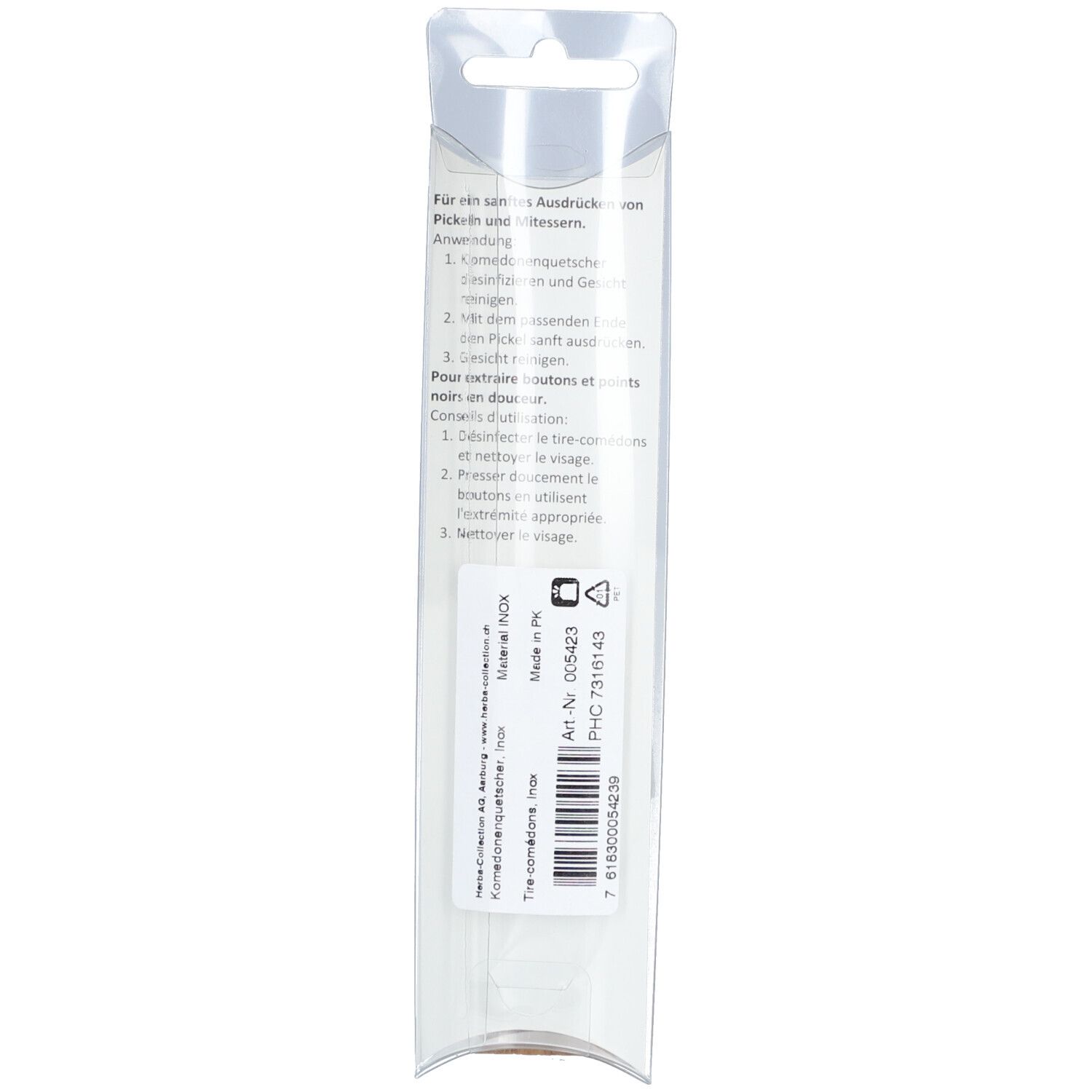 Dos de l'emballage HERBA Inox. Texte en allemand et français. Code-barres et informations fabricant.