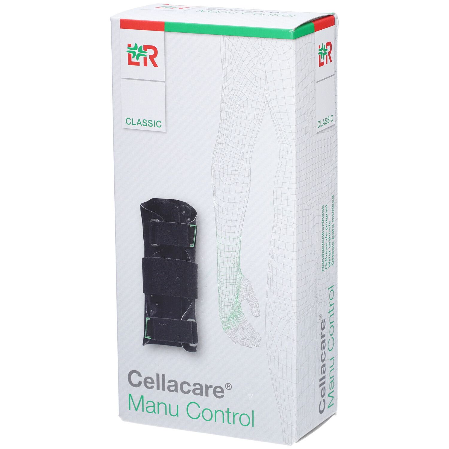 Handgelenkorthese CELLACARE® Manu Control Classic, Größe 1, in Verpackung. Schwarze Orthese mit Klettverschlüssen.
