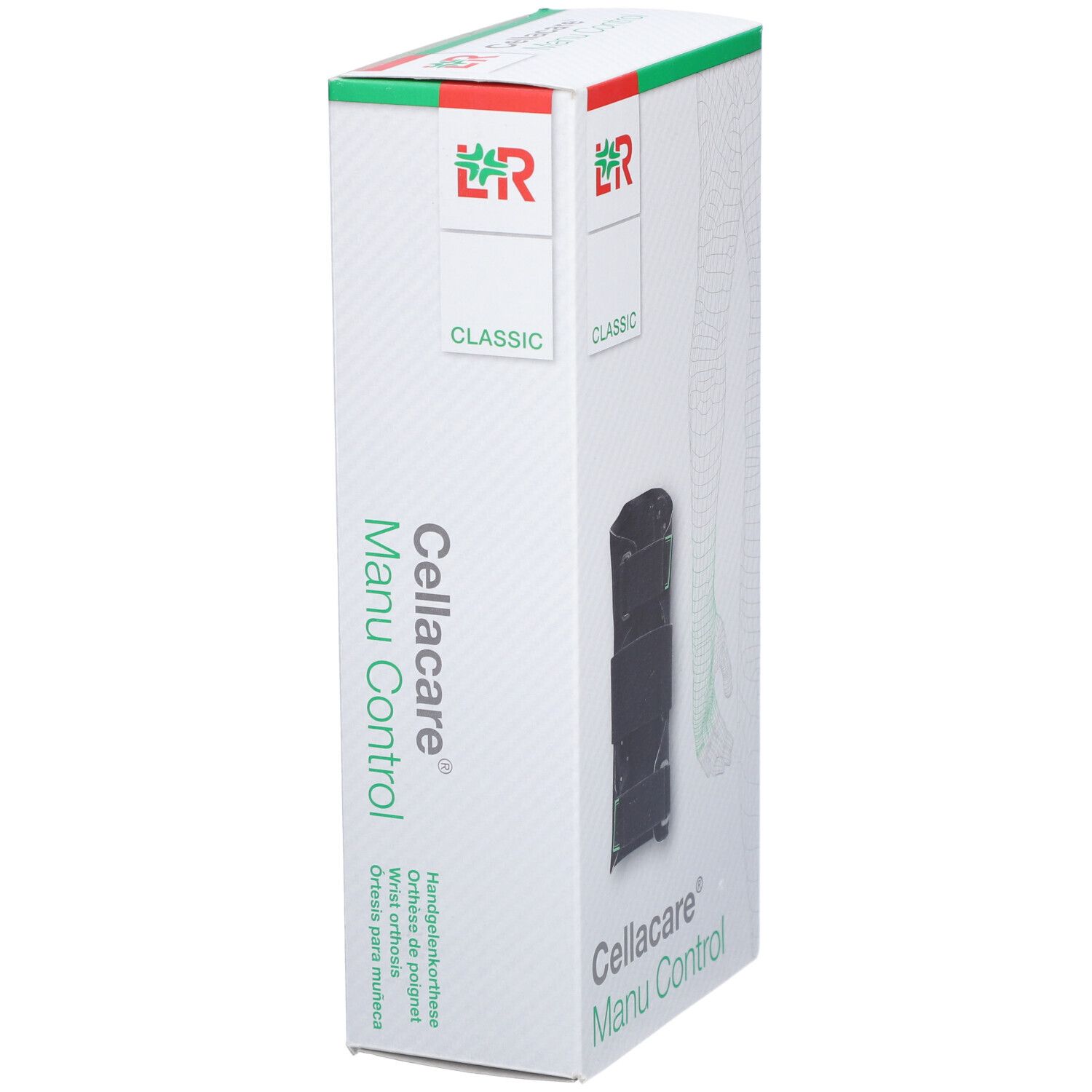 Verpackung der Handgelenkorthese CELLACARE® Manu Control Classic. Text: Handgelenkorthese, Orthese de poignet, etc.