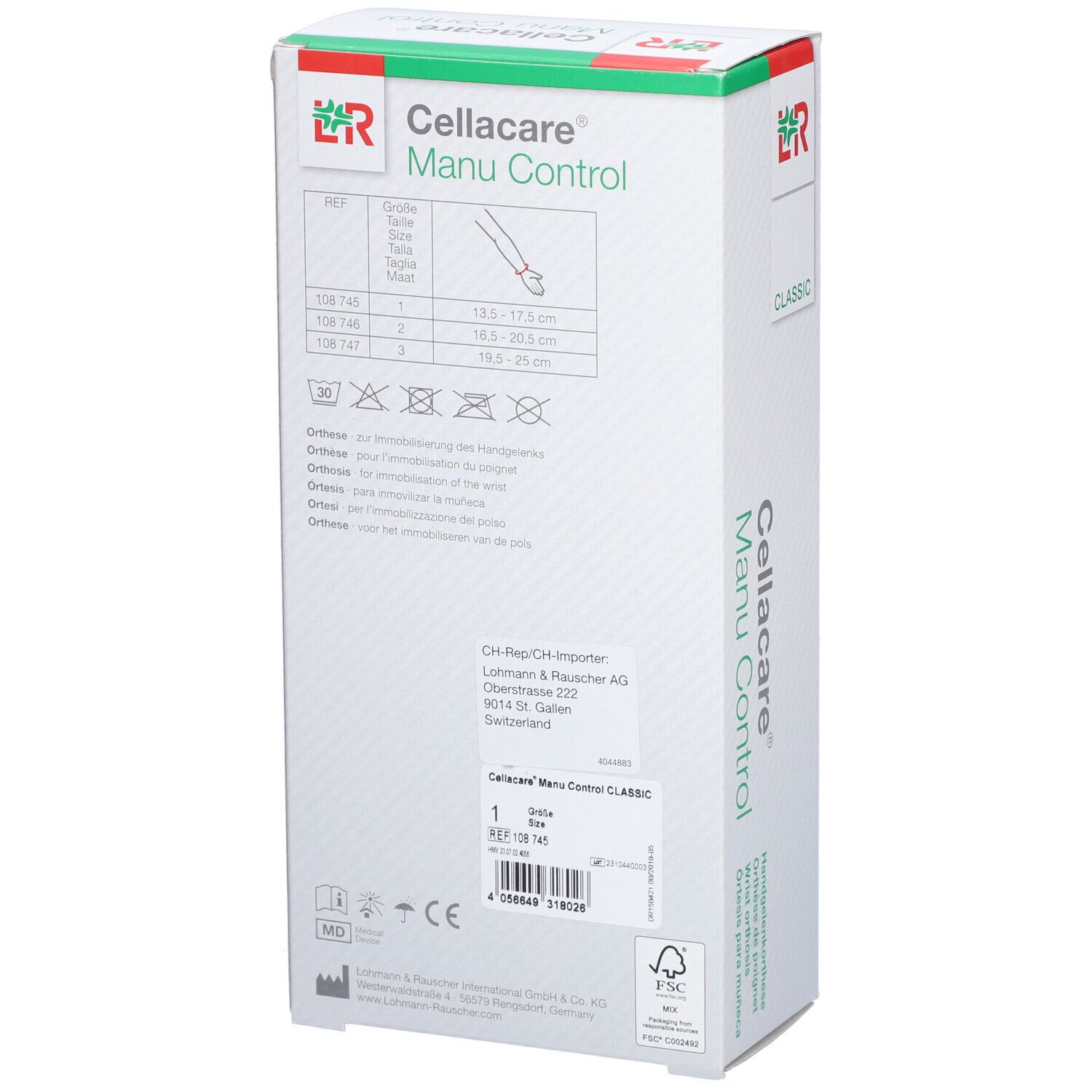 Rückseite der Verpackung der Handgelenkorthese CELLACARE® Manu Control Classic. Größenangaben, Herstellerinformationen.