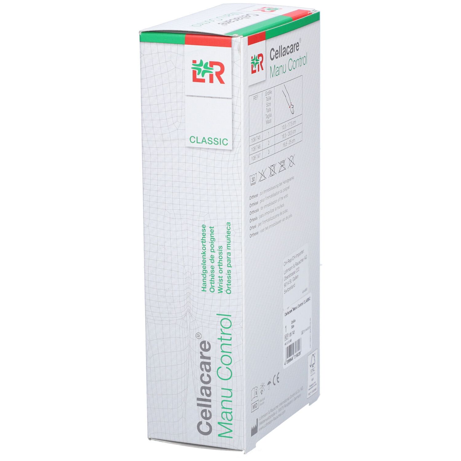 Verpackung der Handgelenkorthese CELLACARE® Manu Control Classic. Text: Handgelenkorthese, Orthese de poignet, etc.