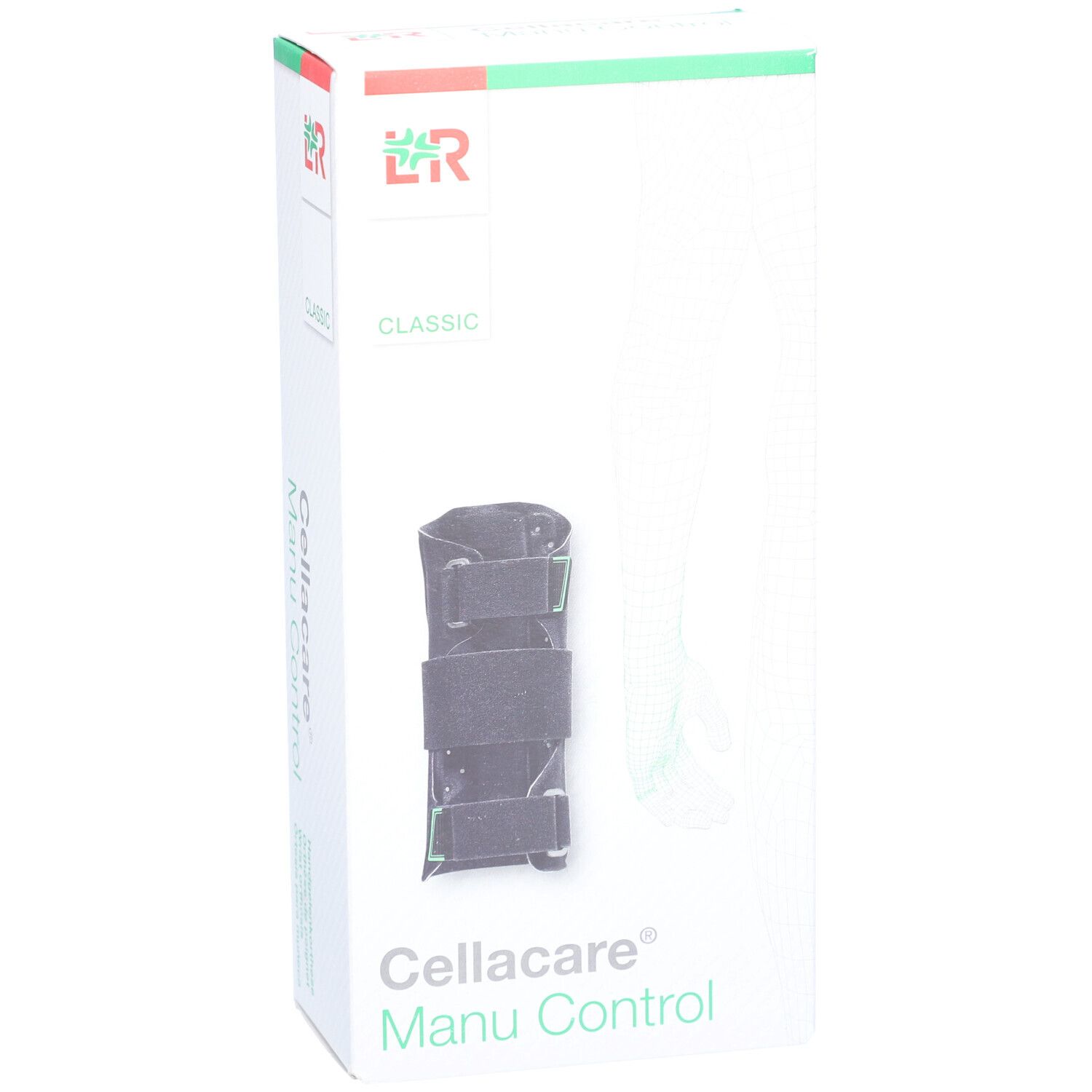 Verpackung der Handgelenkorthese CELLACARE® Manu Control Classic. Schwarze Orthese mit Klettverschlüssen.