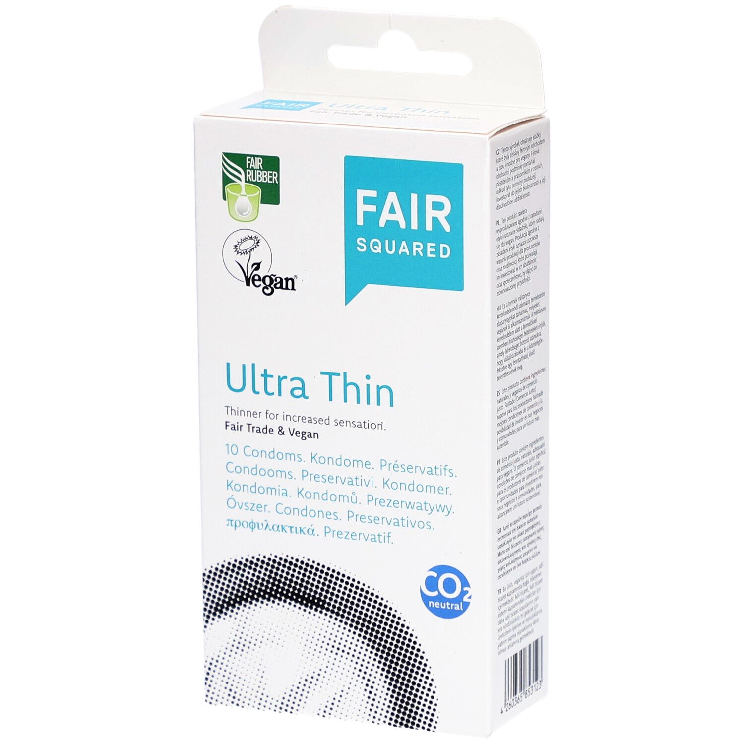 Boîte de préservatifs. Inscription: FAIR SQUARED, Ultra Thin, 10 pièces. Label Vegan. Neutre en CO2.