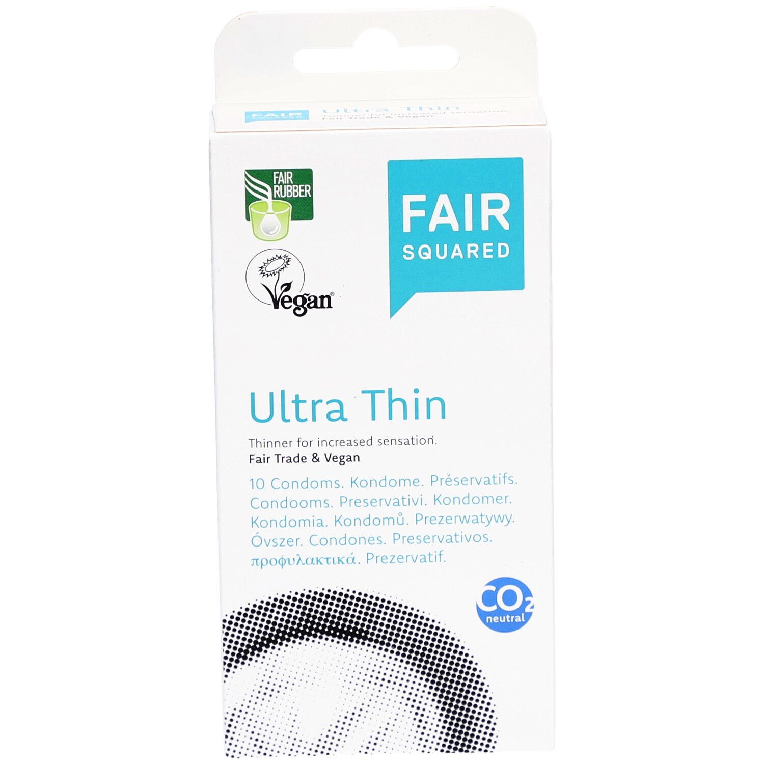 Boîte de préservatifs. Inscription: FAIR SQUARED, Ultra Thin, 10 pièces. Label Vegan. Neutre en CO2.