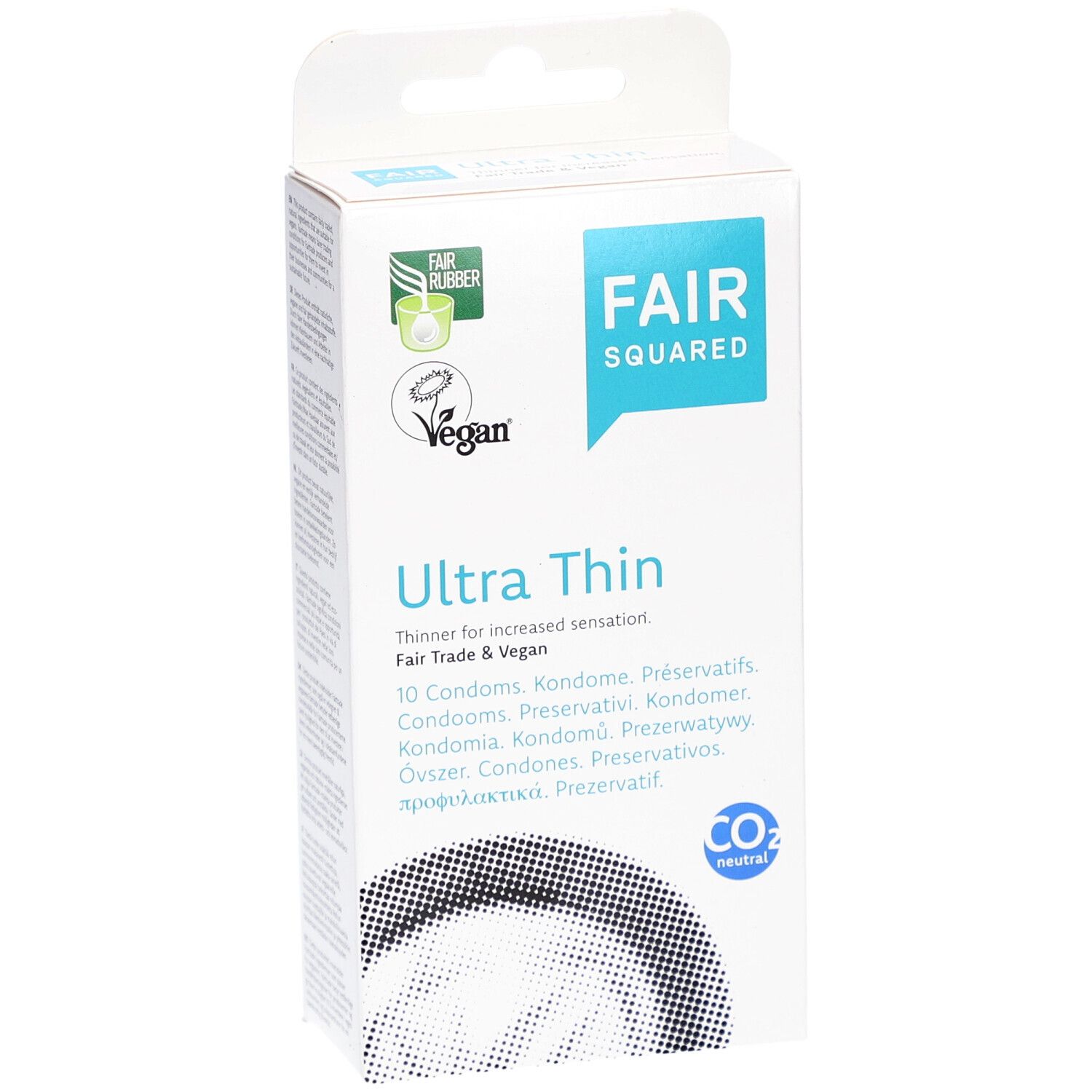 Boîte de préservatifs. Inscription: FAIR SQUARED, Ultra Thin, 10 pièces. Label Vegan. Neutre en CO2.