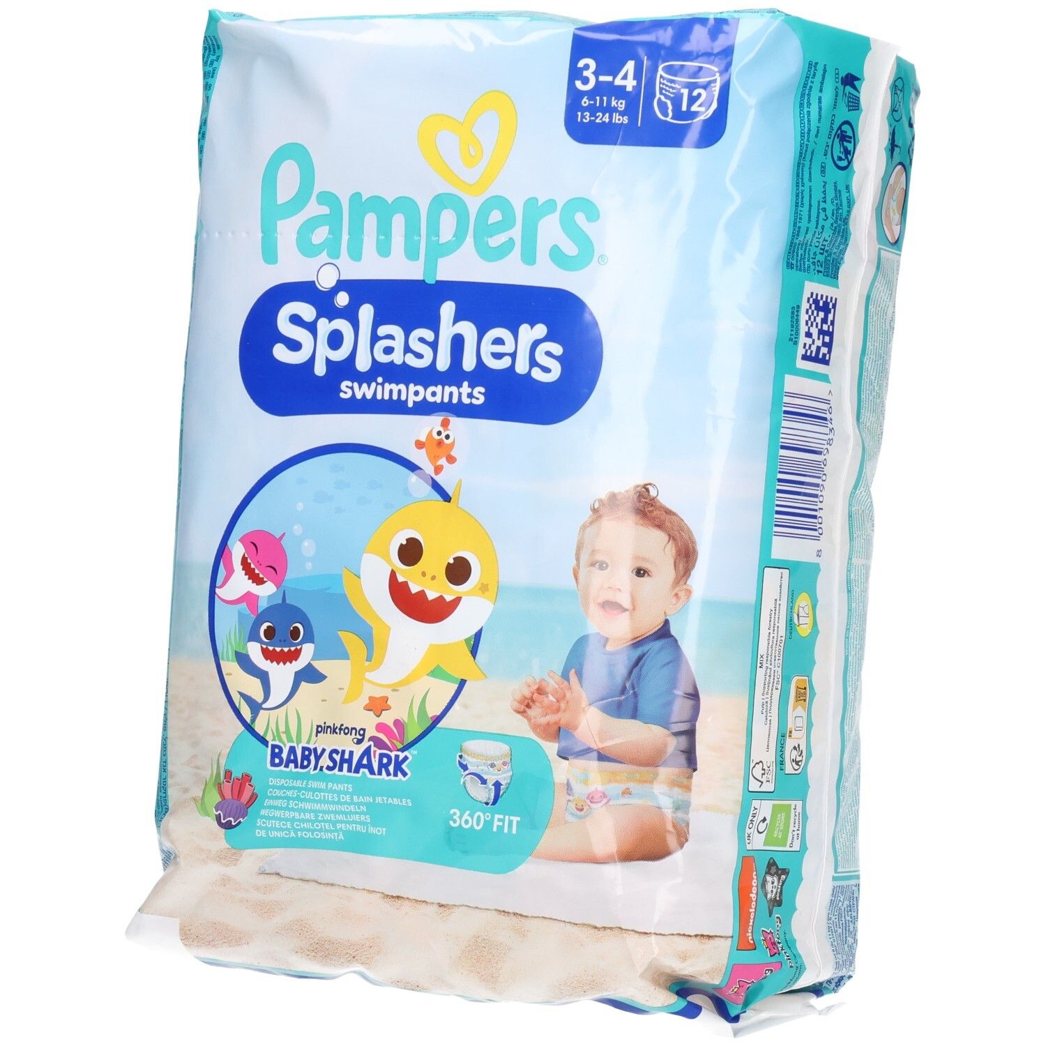 Pampers Splashers Schwimmwindeln, Größe 3-4, Baby Shark Limited Edition. Verpackung mit 12 Stück. Vorderseite mit Baby Shark-Motiv.