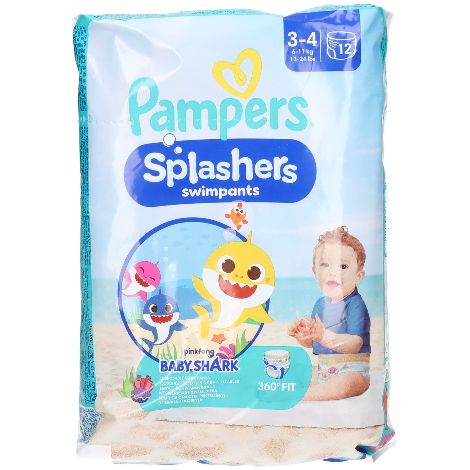 Pampers Splashers Schwimmwindeln, Größe 3-4, Baby Shark Limited Edition. Verpackung mit 12 Stück. Vorderseite mit Baby Shark-Motiv.