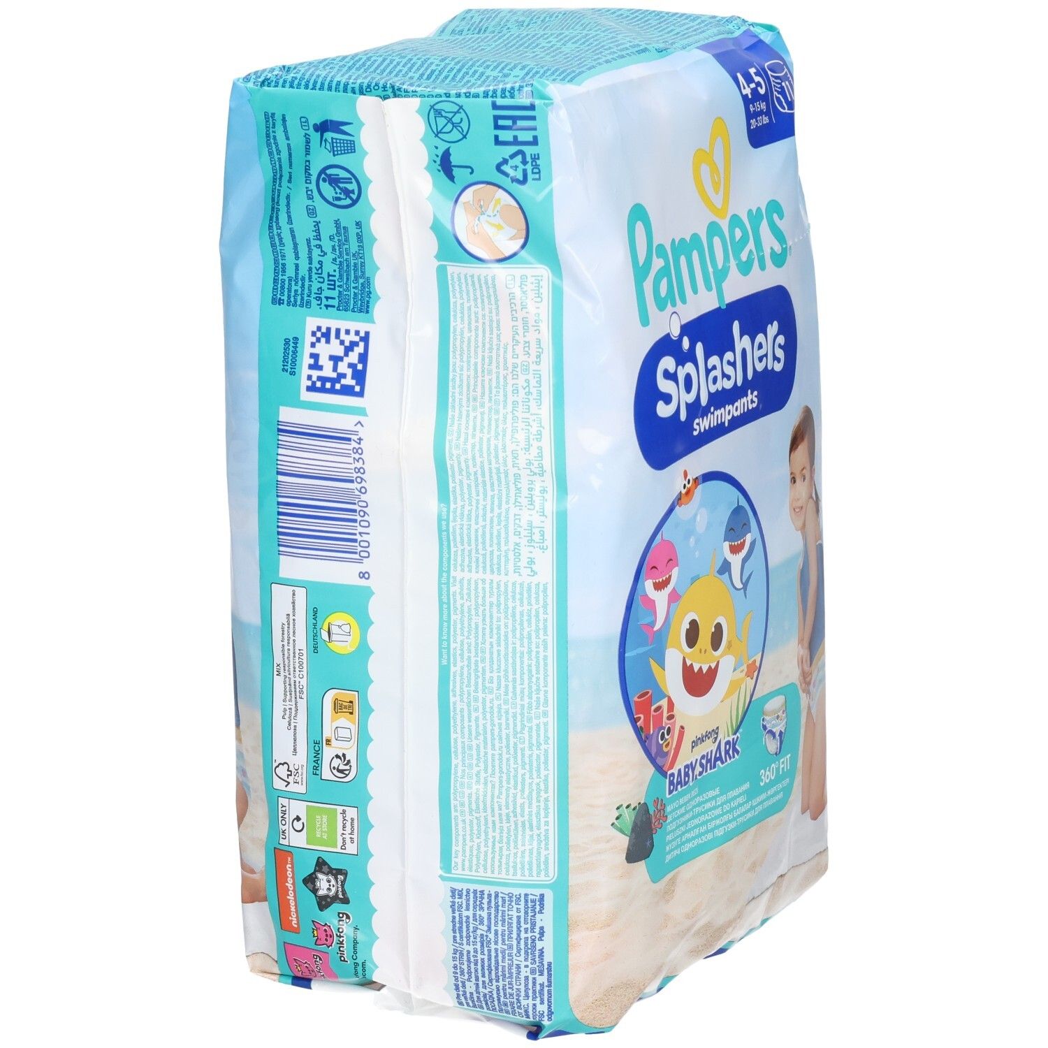 Pampers Splashers Schwimmwindeln-Packung, Seitenansicht. Text und Barcode sichtbar. Baby Shark Design. Größe 4-5 (9-15 kg).