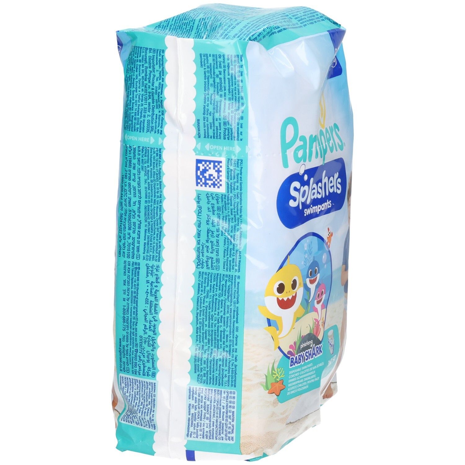 Rückseite der Verpackung von Pampers Splashers Schwimmwindeln. Text und QR-Code. Baby Shark-Design.