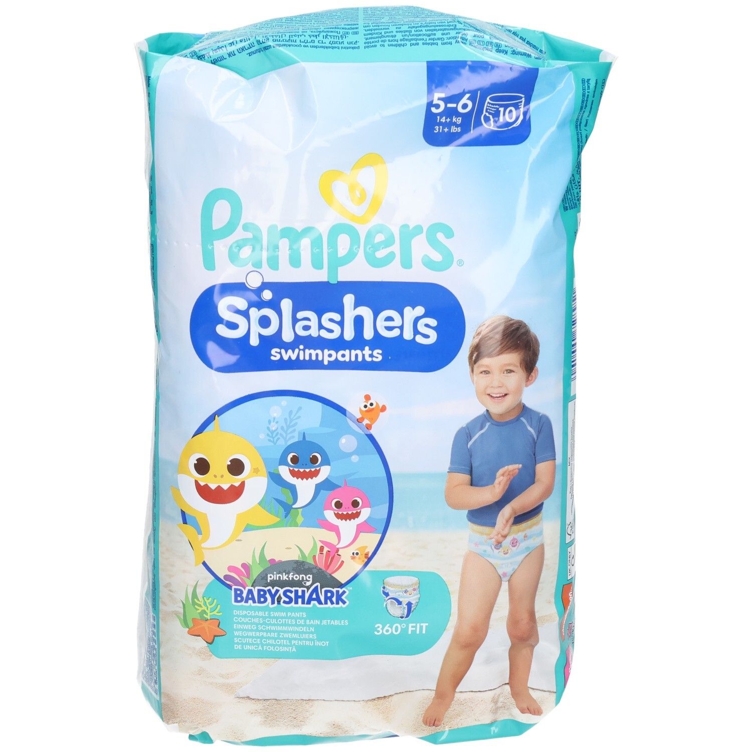 Verpackung von Pampers Splashers Schwimmwindeln. Größe 5-6, 10 Stück. Baby Shark-Design. Kind am Strand.