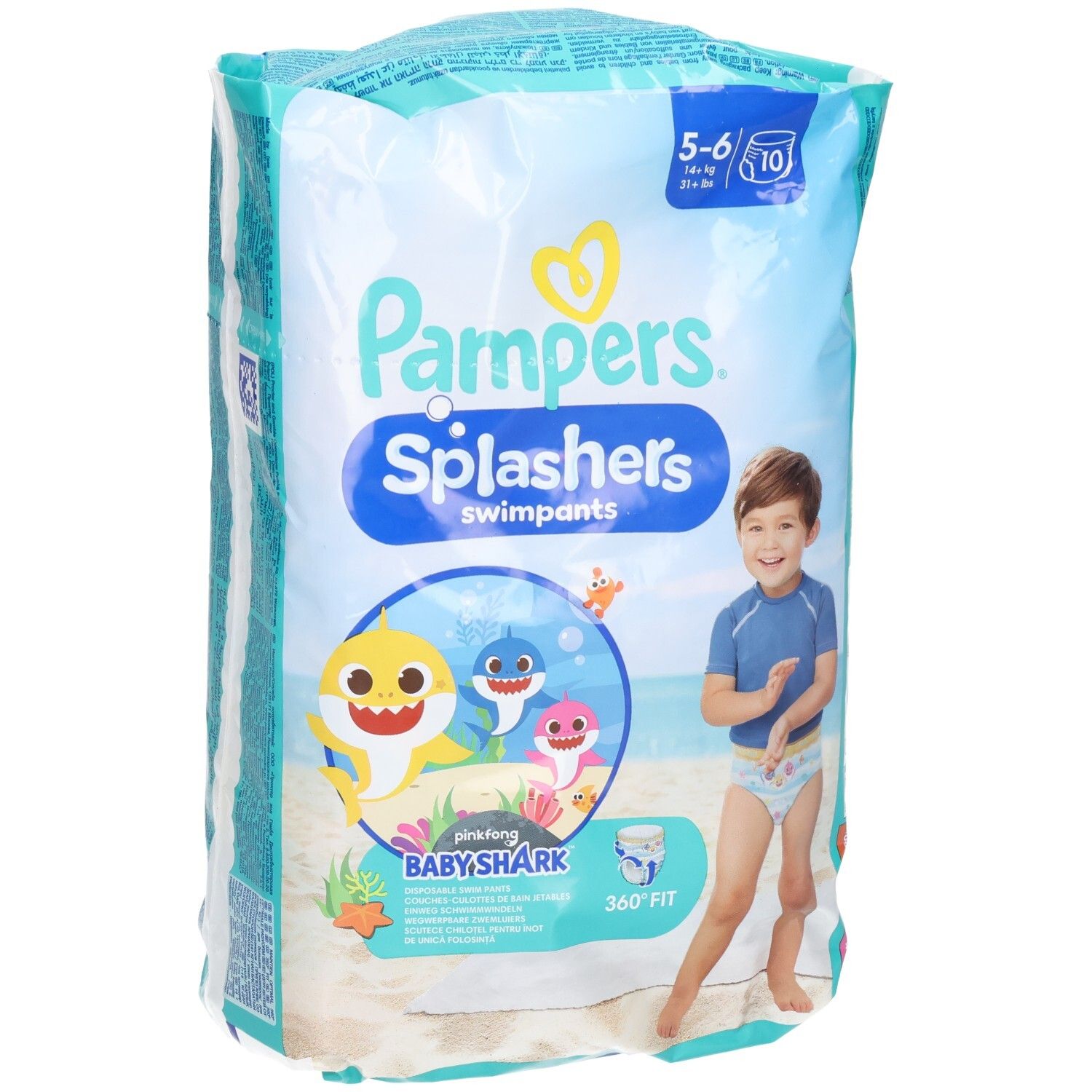 Verpackung von Pampers Splashers Schwimmwindeln. Größe 5-6, 10 Stück. Baby Shark-Design. Kind am Strand.