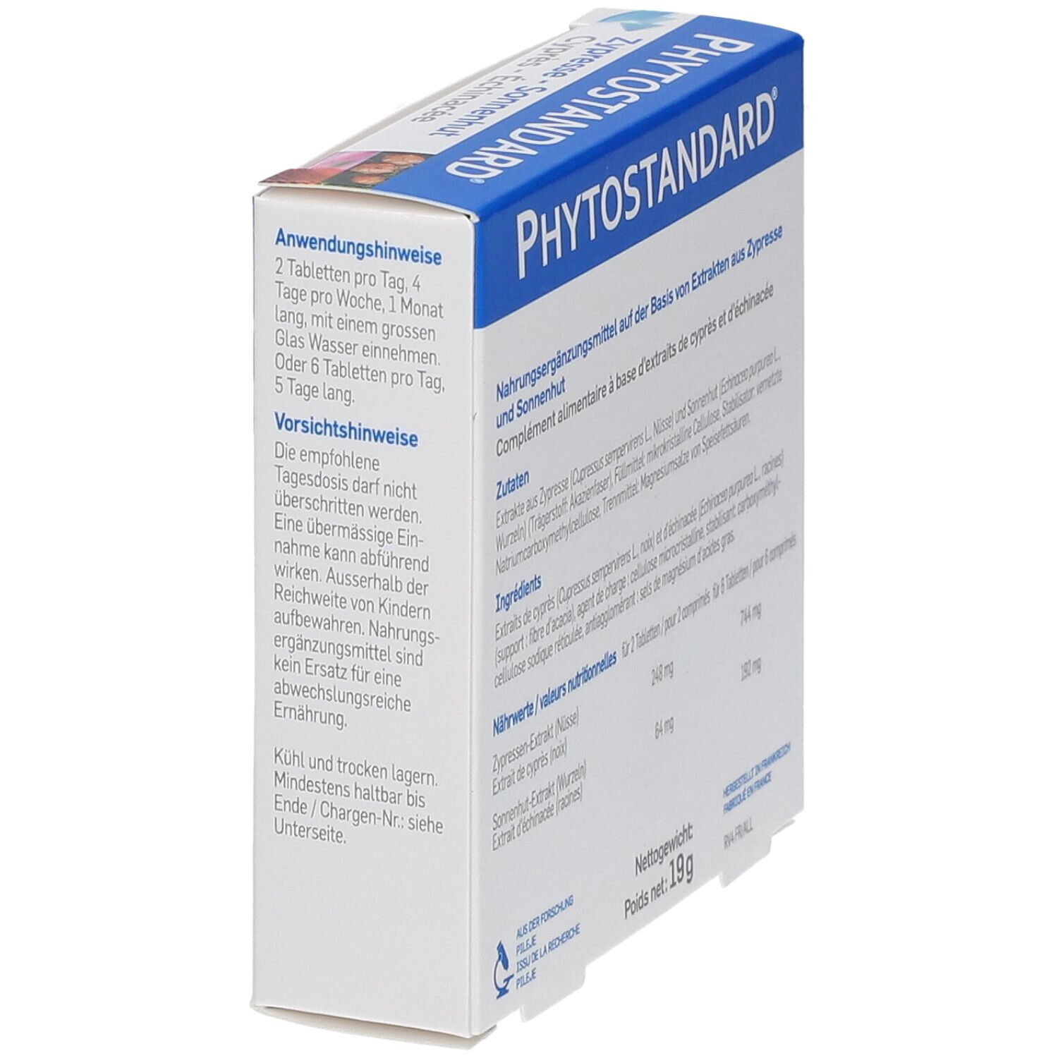 Produktverpackung, schräge Ansicht. Informationen zu Inhaltsstoffen und Anwendung.