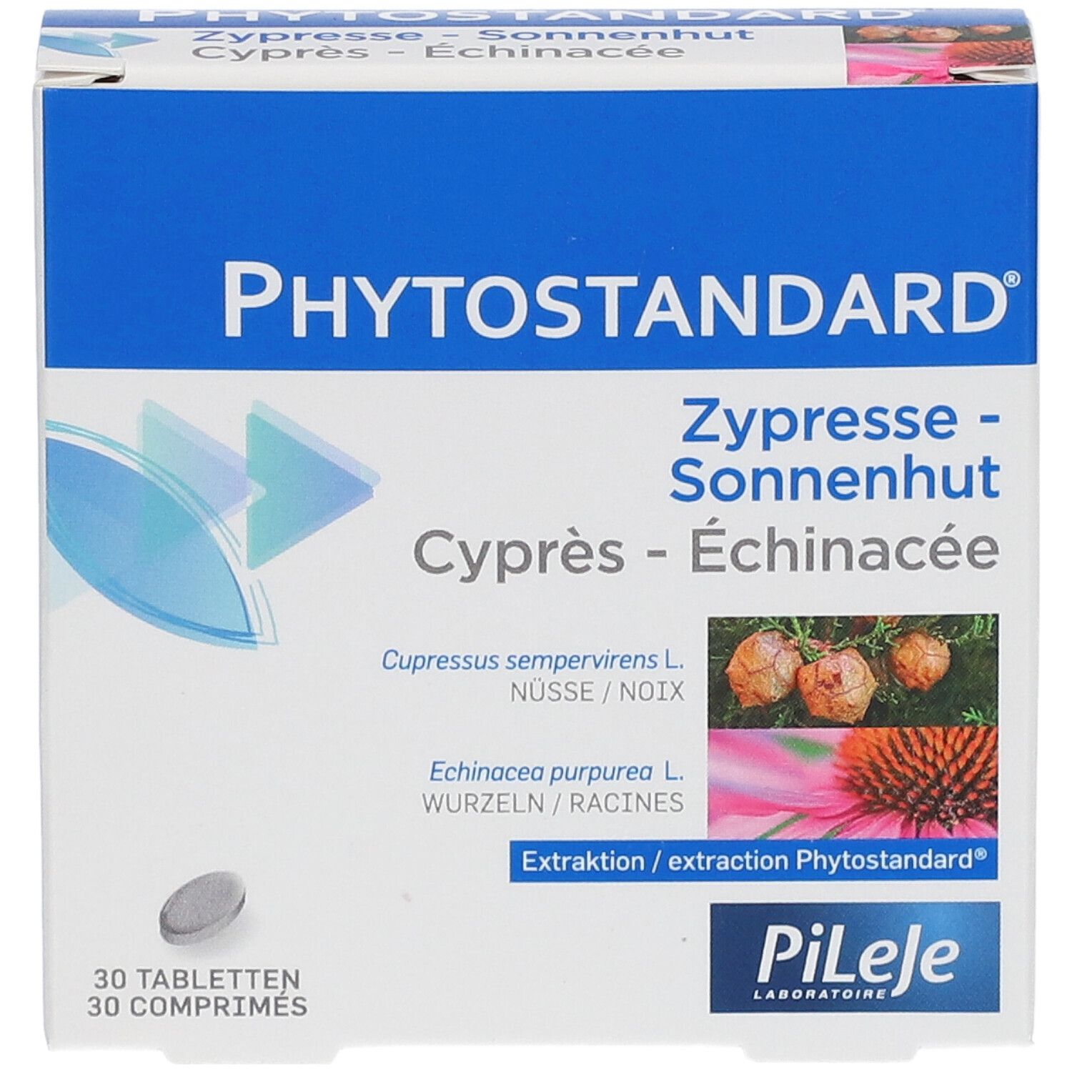 Produktverpackung, Vorderansicht. Produktname, Inhaltsstoffe und Marke Pileje.
