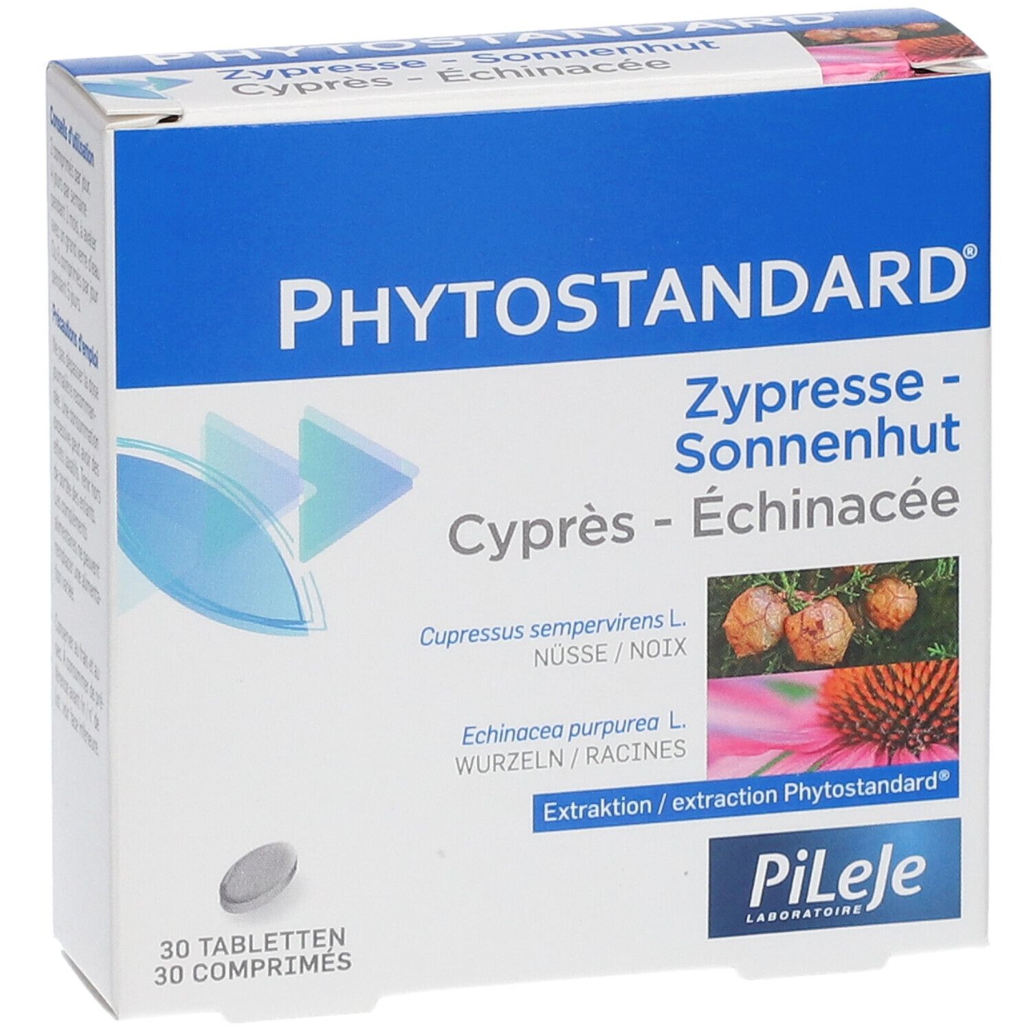 Produktverpackung, Vorderansicht. Produktname, Inhaltsstoffe und Marke Pileje.