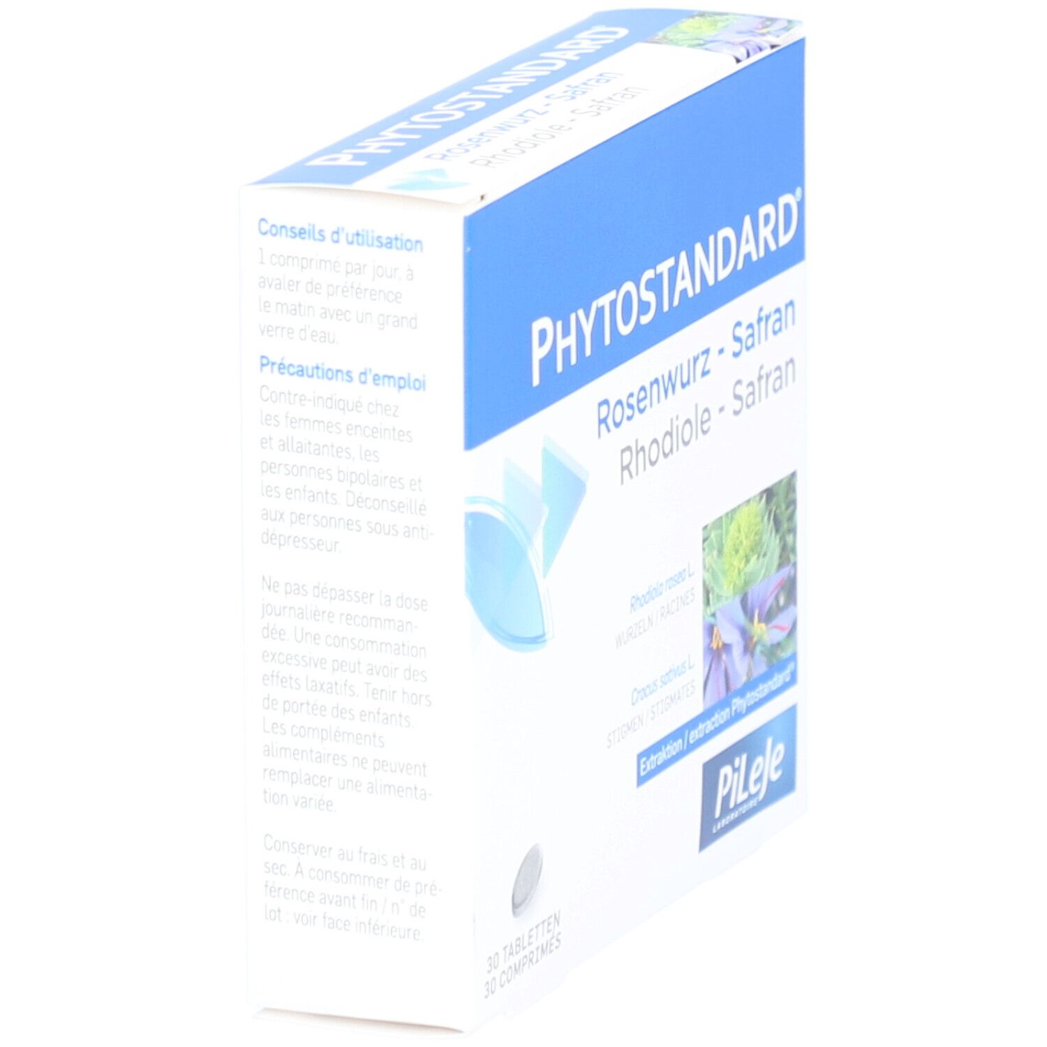 Schachtel PHYTOSTANDARD Rosenwurz-Safran. Blaue und weiße Verpackung. 30 Tabletten. Logo Pileje.