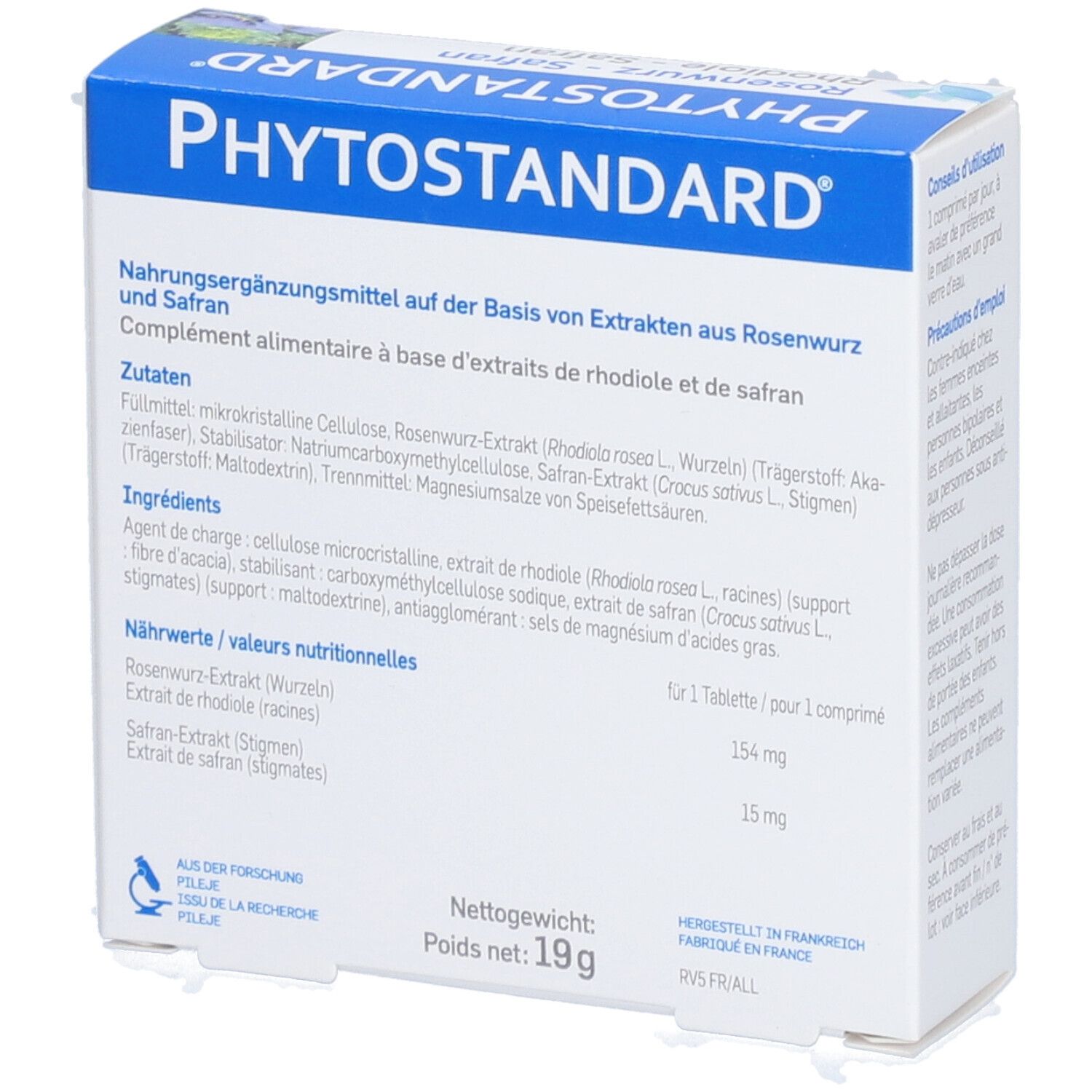 Rückseite der Schachtel PHYTOSTANDARD. Text über Inhaltsstoffe und Nährwerte. Logo Pileje. Nettogewicht 19g.