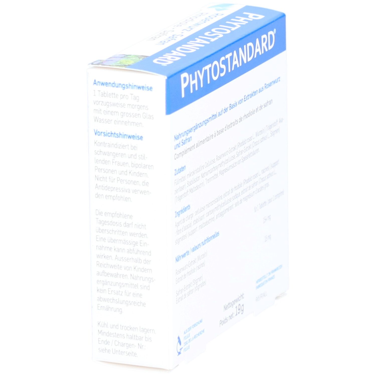 Rückseite der Schachtel PHYTOSTANDARD. Anwendungshinweise und Vorsichtshinweise. Logo Pileje.