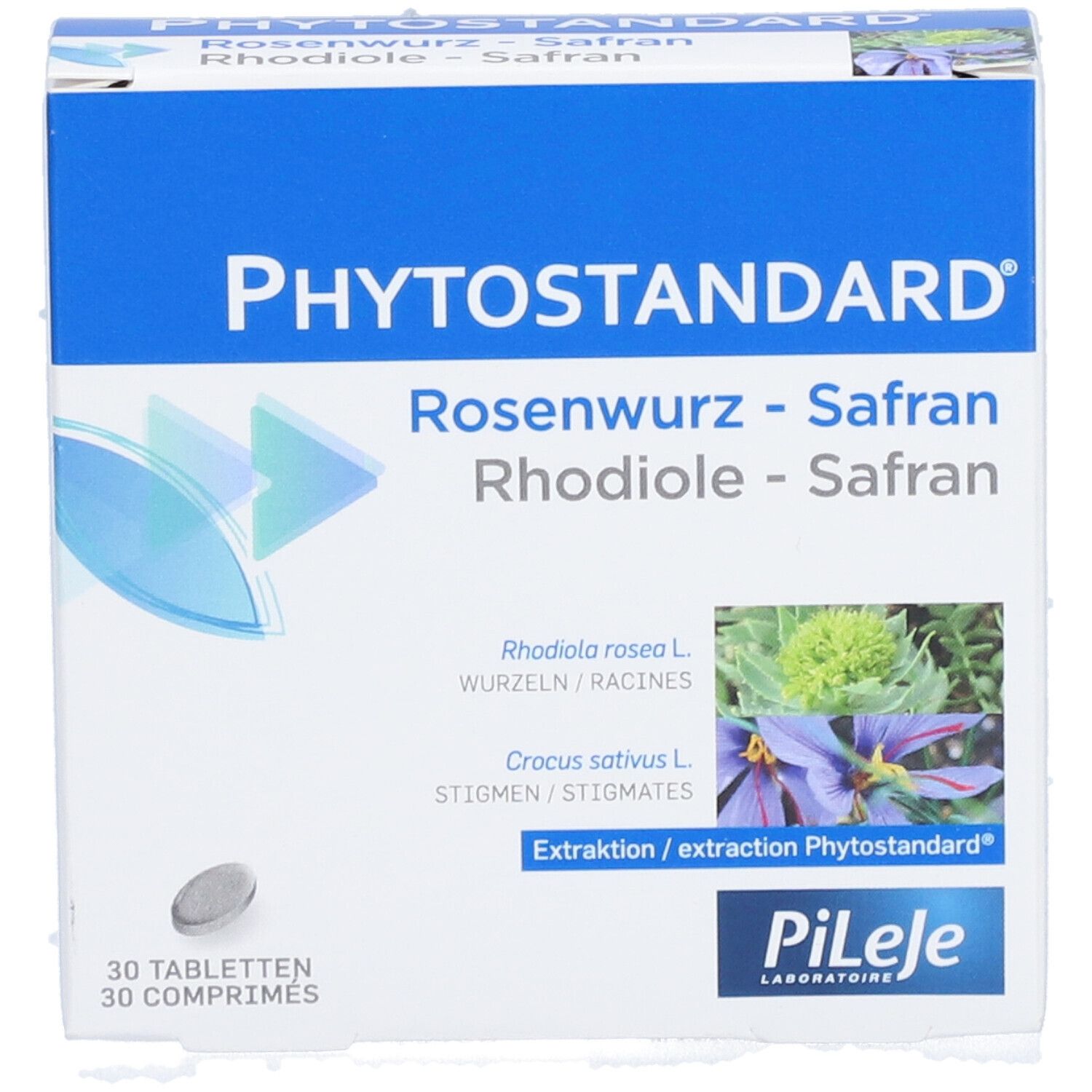 Schachtel mit Tabletten. Aufschrift PHYTOSTANDARD Rosenwurz-Safran. 30 Tabletten. Abbildung von Pflanzen.
