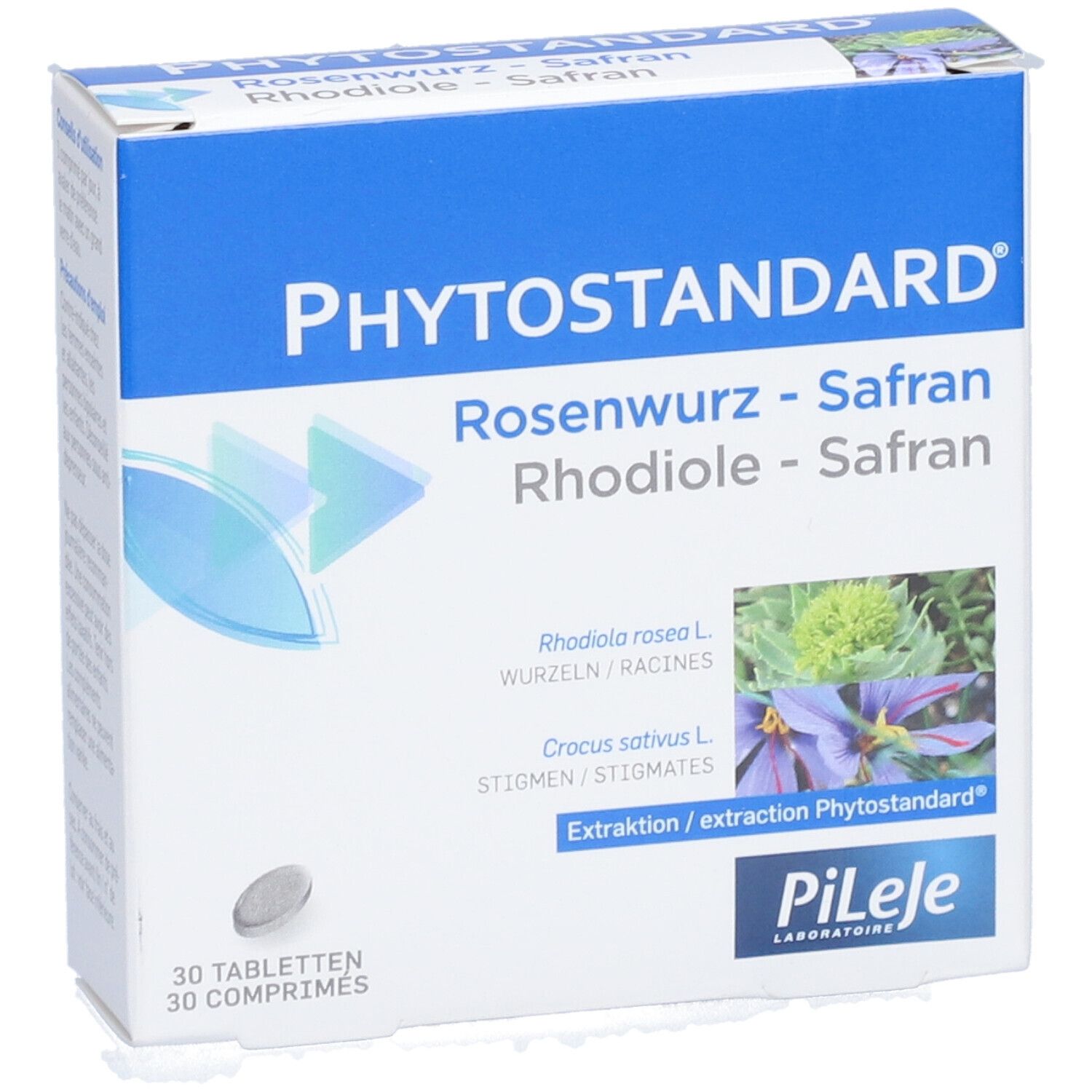 Schachtel mit Tabletten. Aufschrift PHYTOSTANDARD Rosenwurz-Safran. 30 Tabletten. Abbildung von Pflanzen.