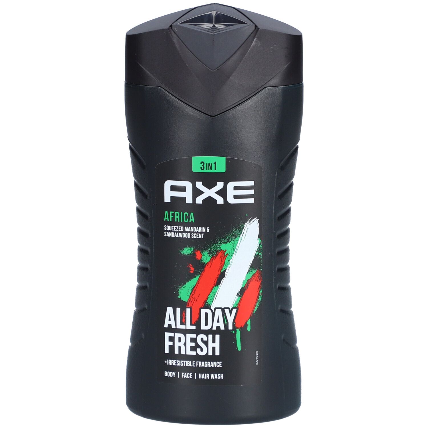 Schwarze Flasche AXE Duschgel 3 in 1 Africa. Grün-weiß-rote Grafik. Text: ALL DAY FRESH, Squeezed Mandarin & Sandalwood Scent.
