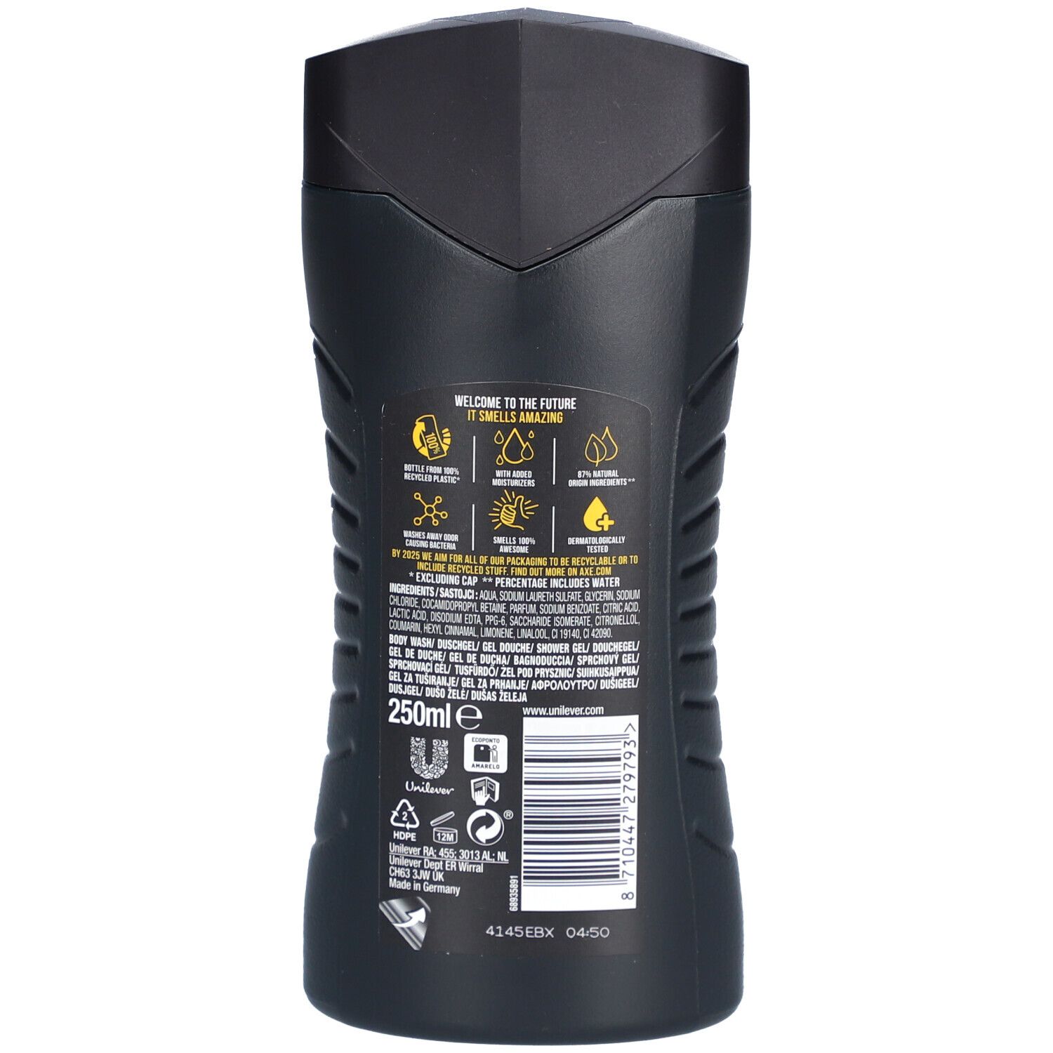 Rückseite der schwarzen Flasche AXE Duschgel. Text: WELCOME TO THE FUTURE, 250ml. Unilever-Logo. Verschiedene Symbole und Text.