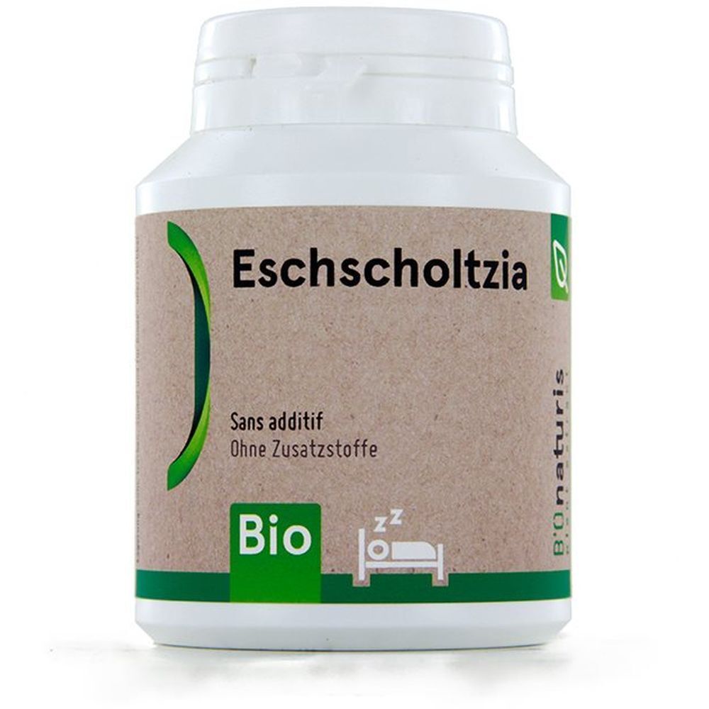 Weiße Flasche mit Aufschrift 'Eschscholtzia', 'Bio' und 'Ohne Zusatzstoffe'. Grün-braunes Etikett.