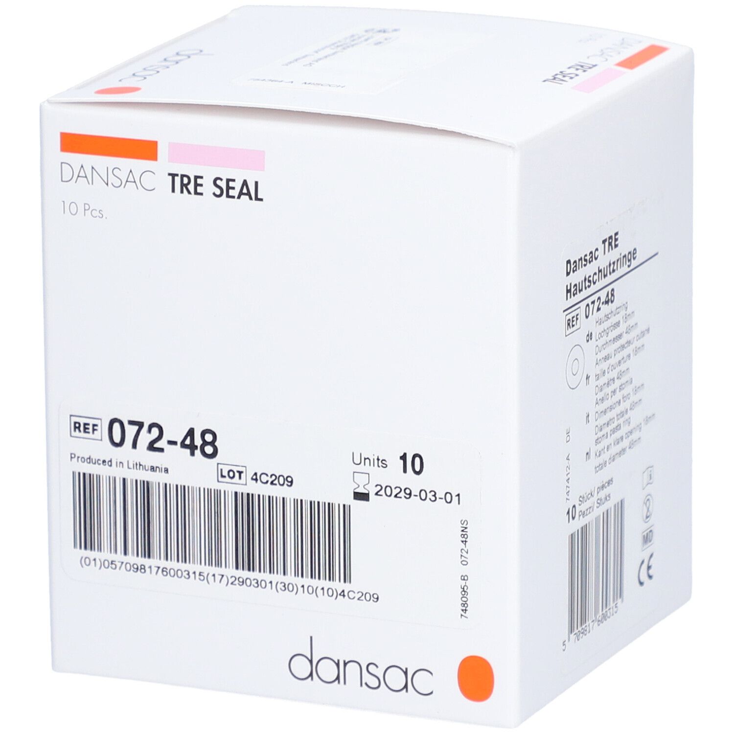 Weiße Verpackung von DANSAC TRE SEAL, 10 Stück. Produktname, Marke und Chargennummer sind sichtbar.