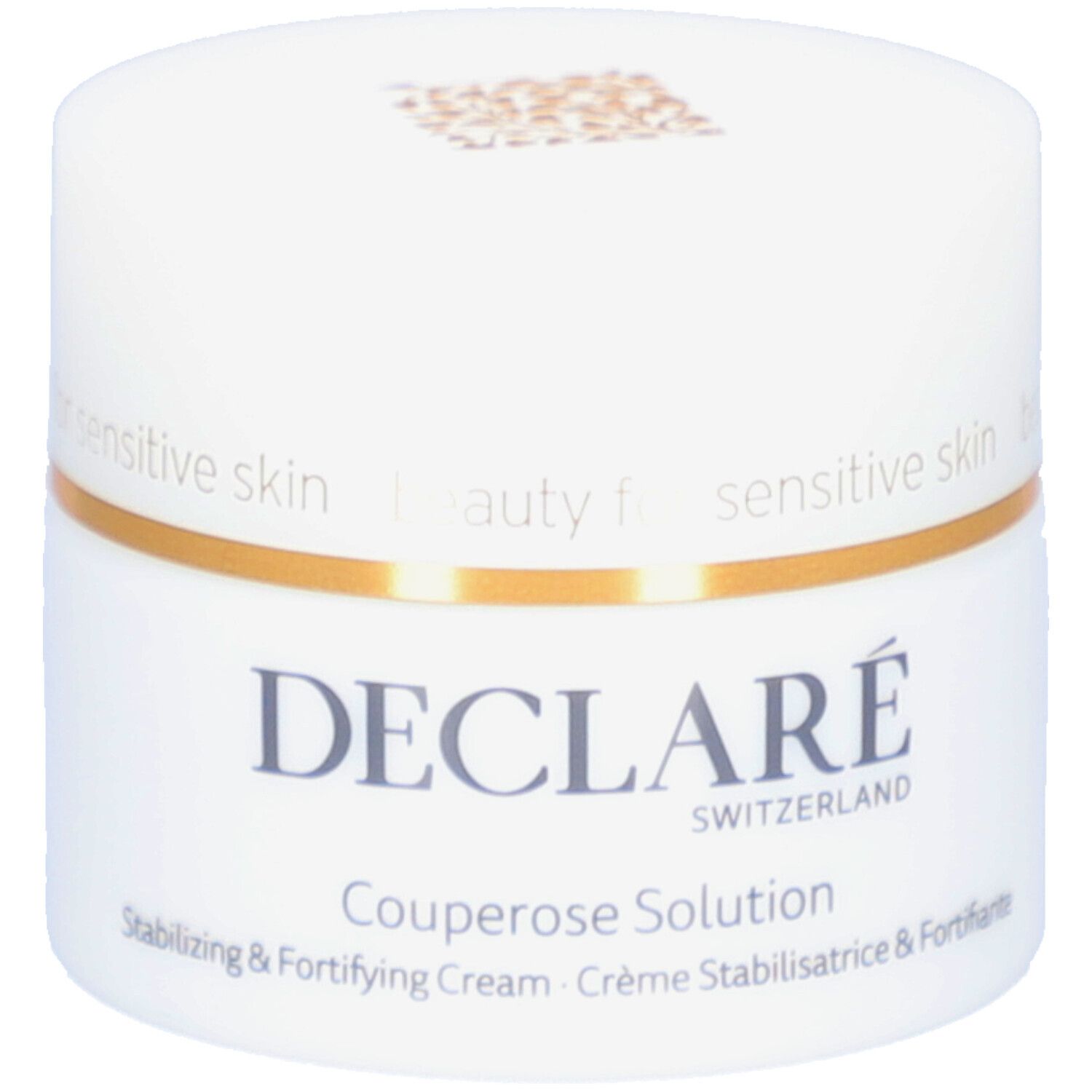 Weißer Tiegel mit goldfarbenem Ring. Aufschrift: DECLARÉ SWITZERLAND Couperose Solution. Stabilisierende & stärkende Creme.