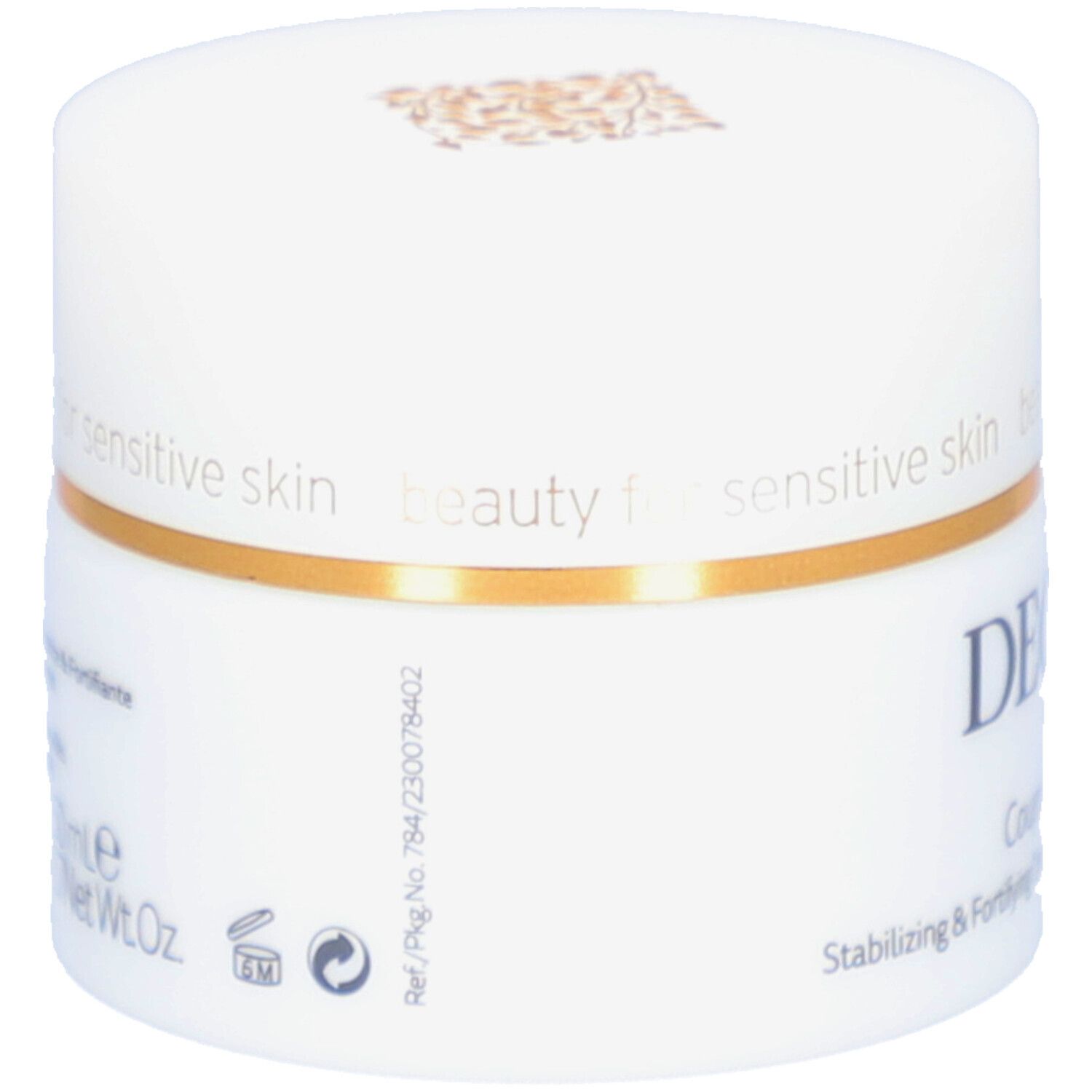 Weißer Tiegel mit goldfarbenem Ring. Aufschrift: DECLARÉ SWITZERLAND Couperose Solution. Stabilisierende & stärkende Creme.