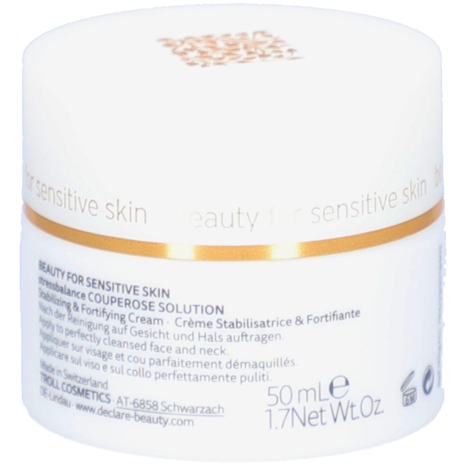 Weißer Tiegel mit goldfarbenem Ring. Aufschrift: DECLARÉ SWITZERLAND Couperose Solution. Stabilisierende & stärkende Creme.