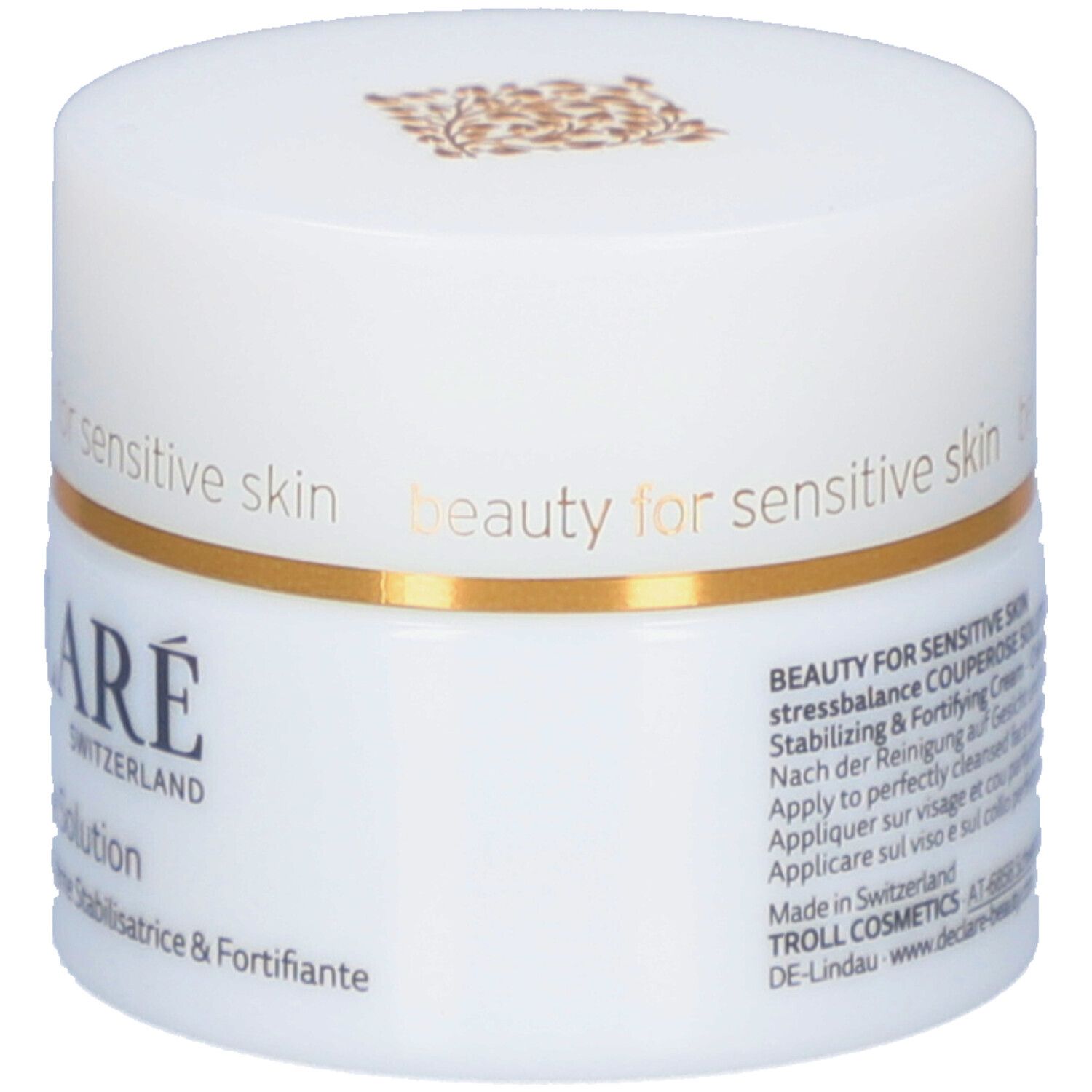 Weißer Tiegel mit goldfarbenem Ring. Aufschrift: DECLARÉ SWITZERLAND Couperose Solution. Stabilisierende & stärkende Creme.