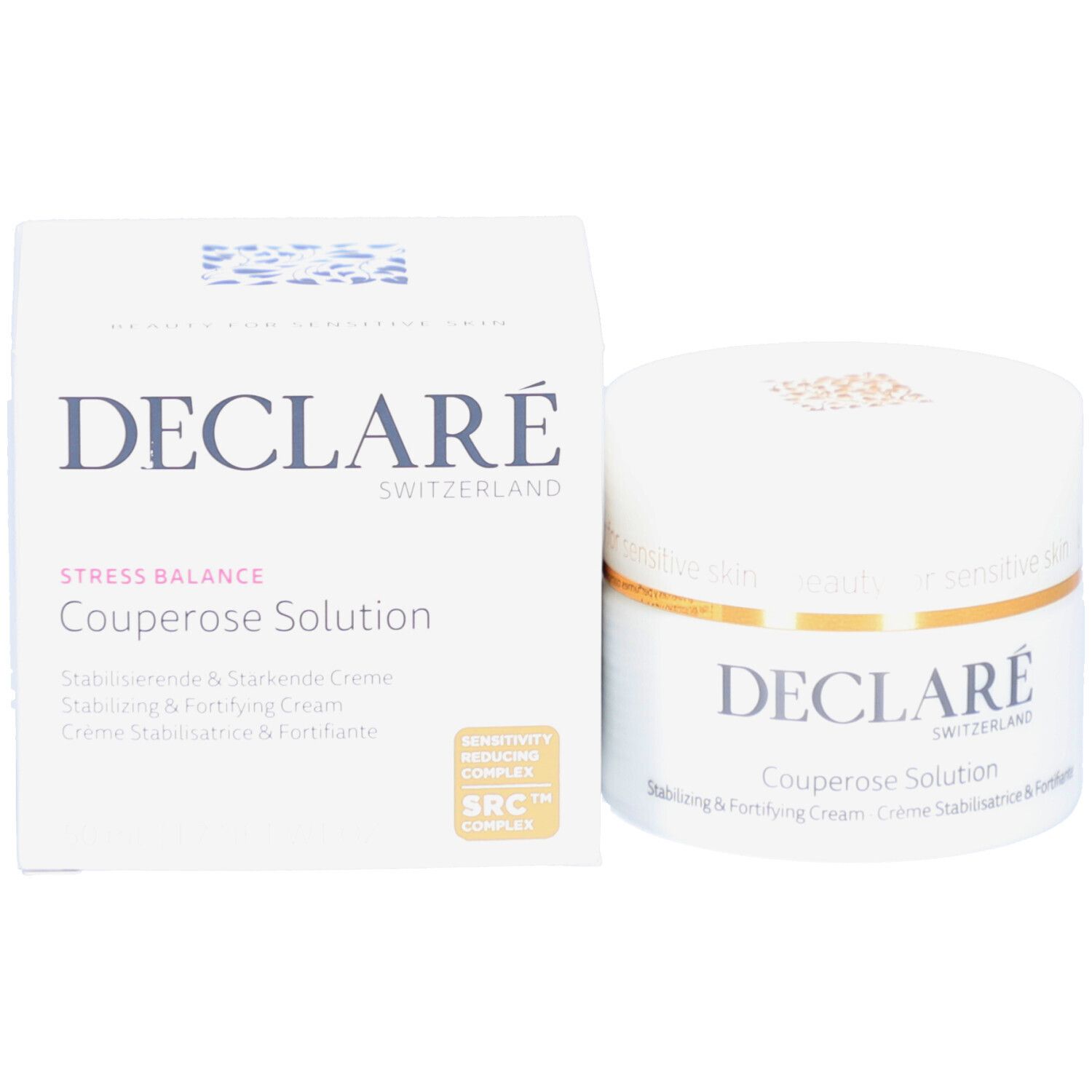 Produktverpackung und Tiegel. Aufschrift: DECLARÉ SWITZERLAND Couperose Solution. Mit SRC™ COMPLEX-Zertifizierung.