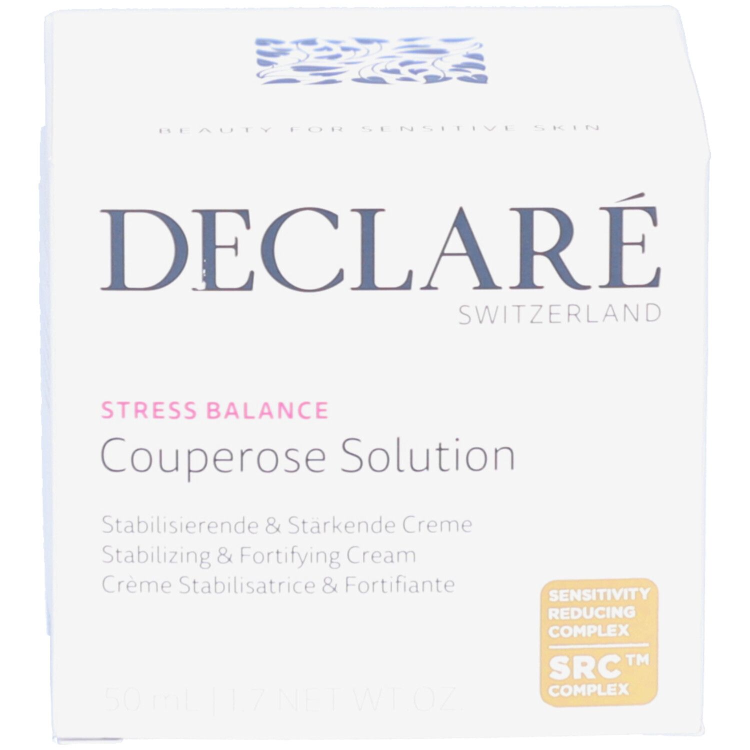 Produktverpackung. Aufschrift: DECLARÉ SWITZERLAND Couperose Solution. Mit SRC™ COMPLEX-Zertifizierung.