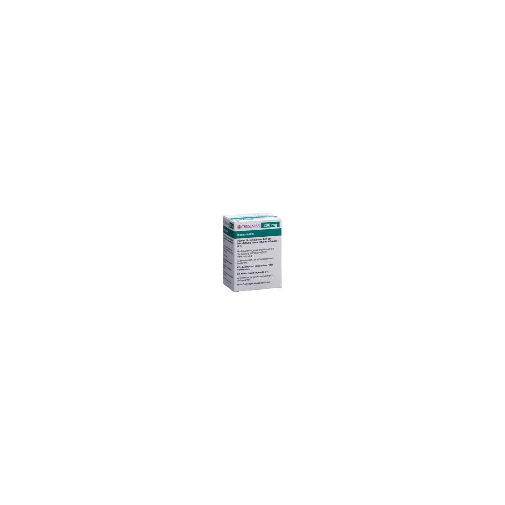 Kartonverpackung mit grünen und weißen Akzenten. Text: CRESEMBA Trockensub 200 mg Vial. Enthält Produktinformationen.