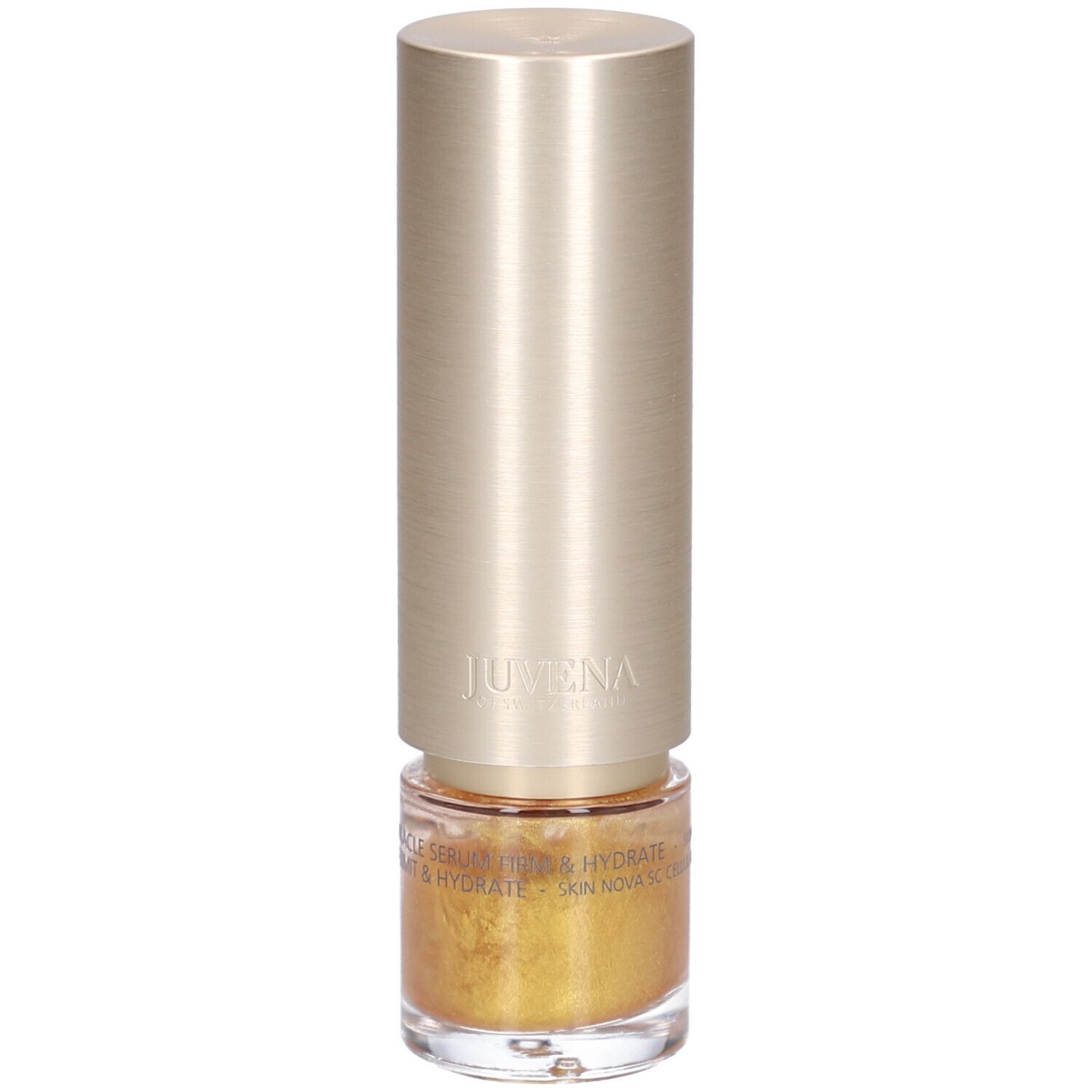 Goldfarbenes Serum in einer zylindrischen Flasche mit goldenem Deckel. Aufschrift: Juvena.