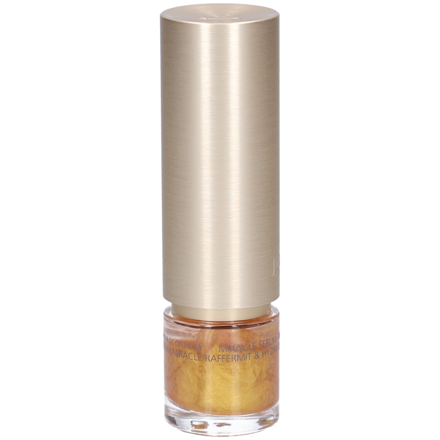 Goldfarbenes Serum in einer zylindrischen Flasche mit goldenem Deckel. Aufschrift: Juvena.