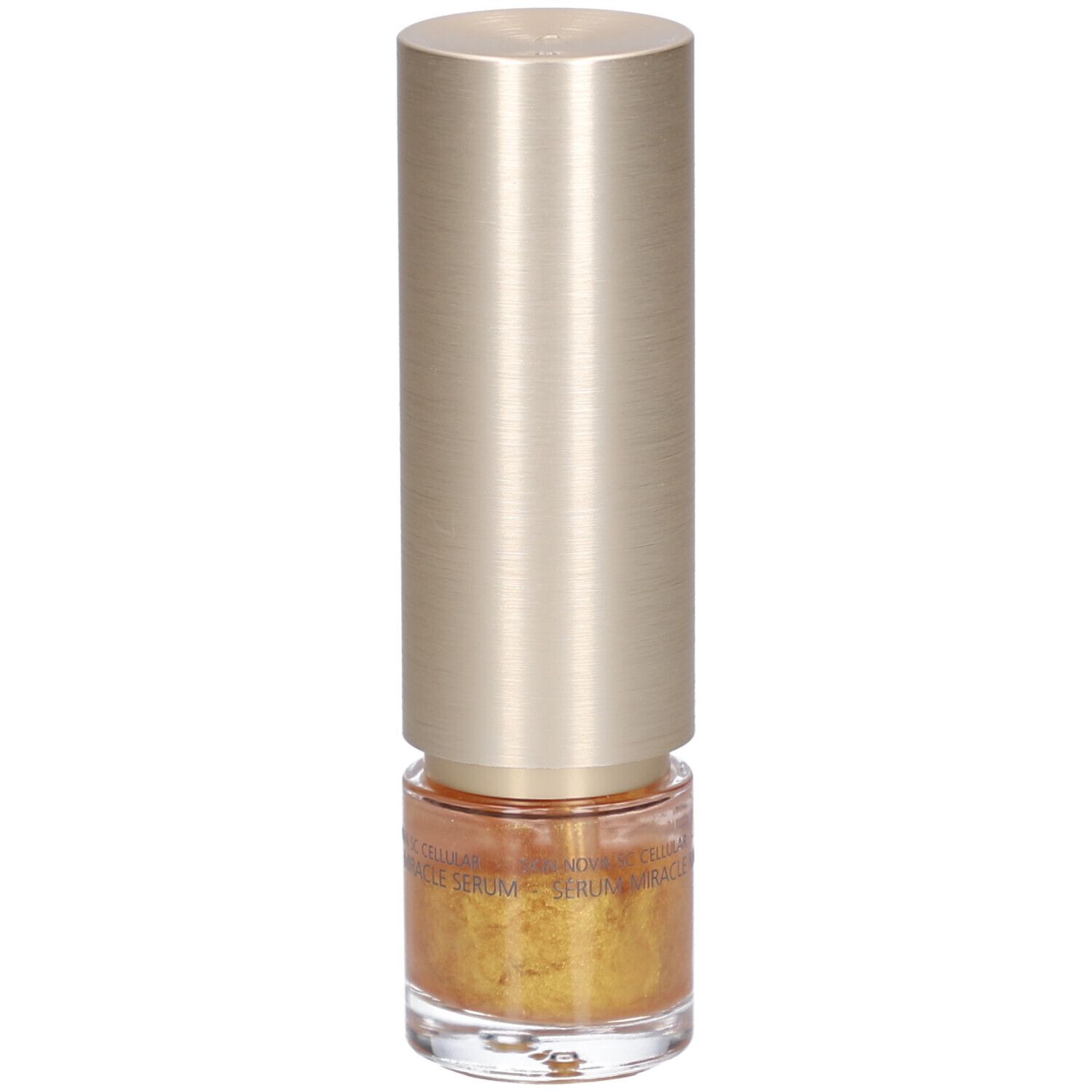 Goldfarbenes Serum in einer zylindrischen Flasche mit goldenem Deckel. Aufschrift: Juvena.