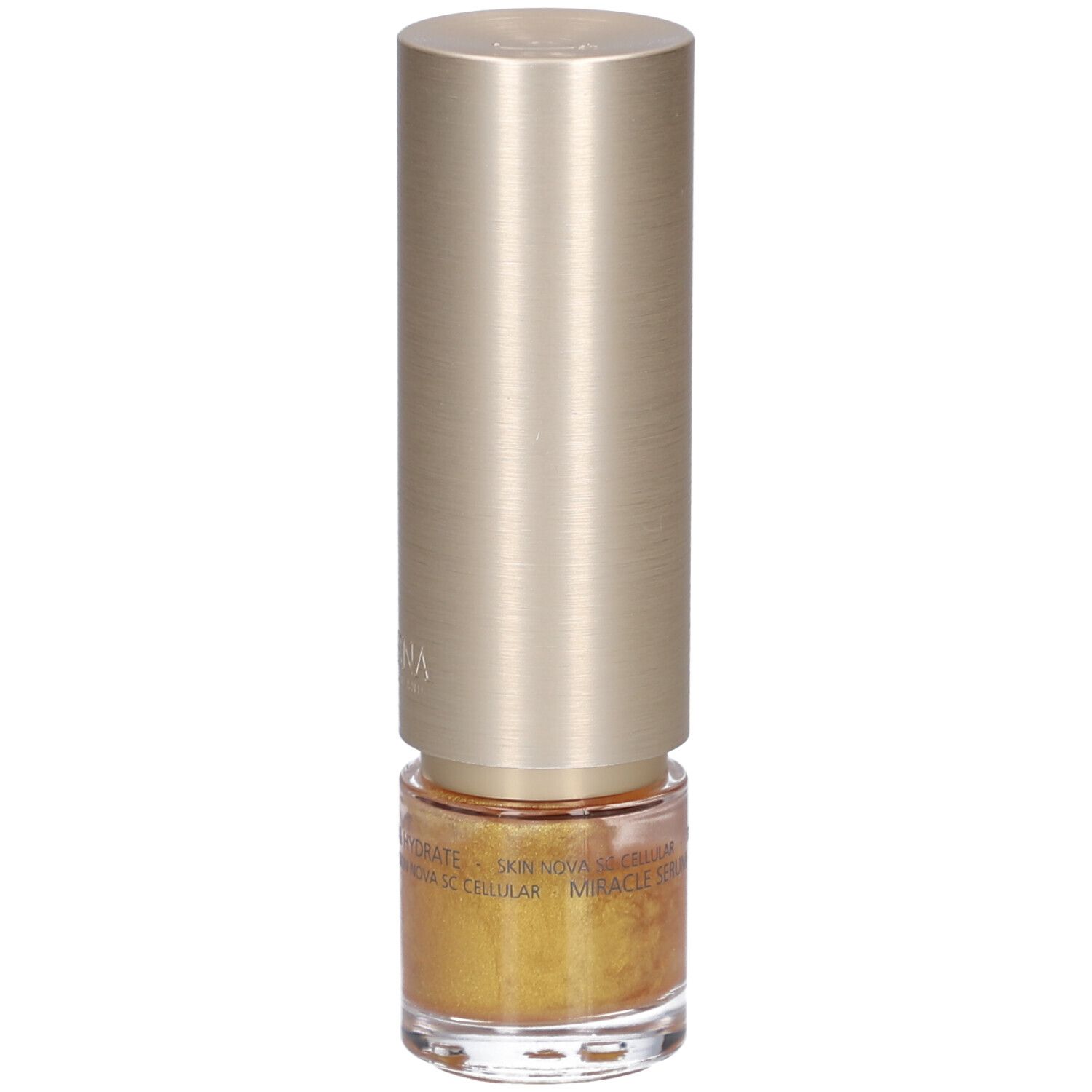 Goldfarbenes Serum in einer zylindrischen Flasche mit goldenem Deckel. Aufschrift: Juvena.