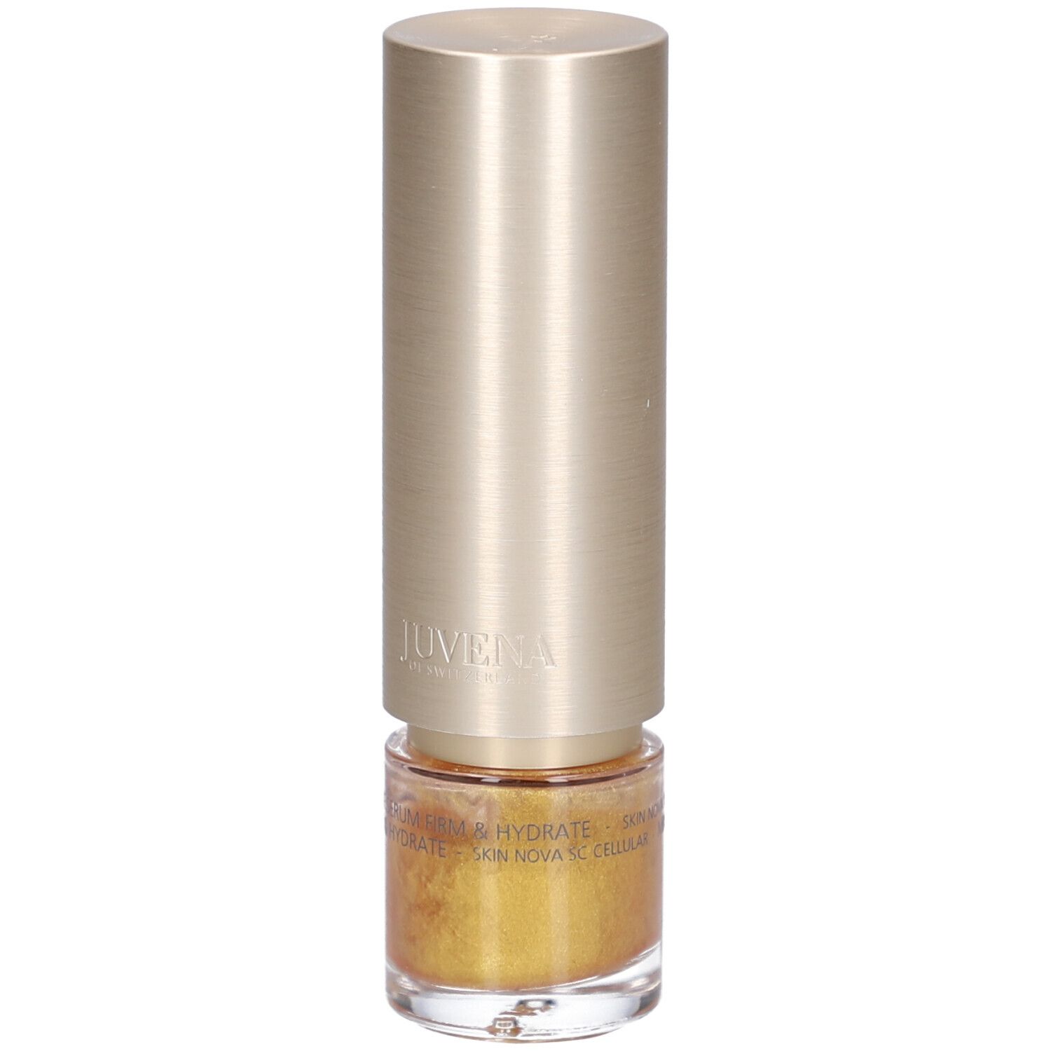 Goldfarbenes Serum in einer zylindrischen Flasche mit goldenem Deckel. Aufschrift: Juvena.