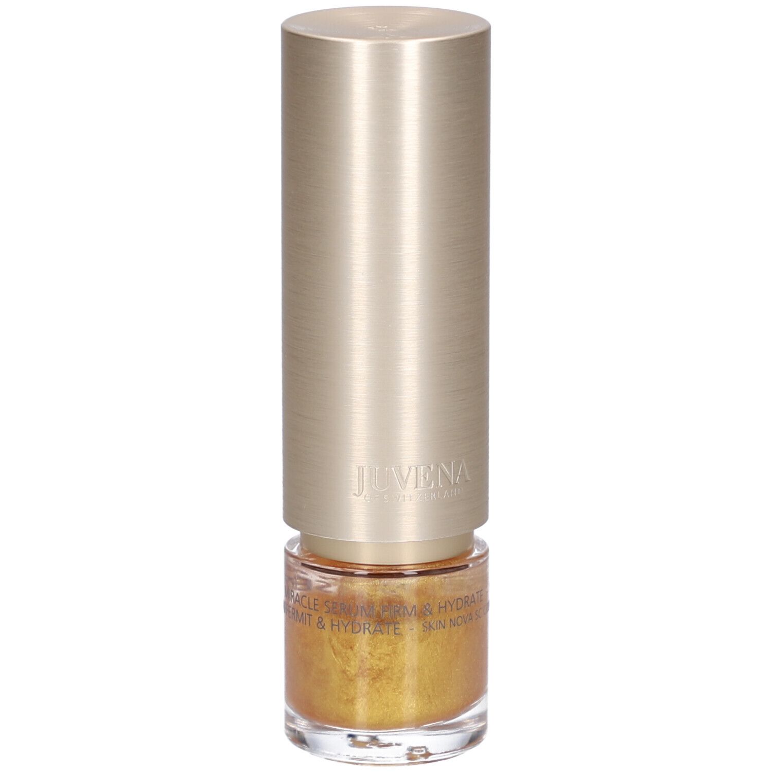 Goldfarbenes Serum in einer zylindrischen Flasche mit goldenem Deckel. Aufschrift: Juvena.
