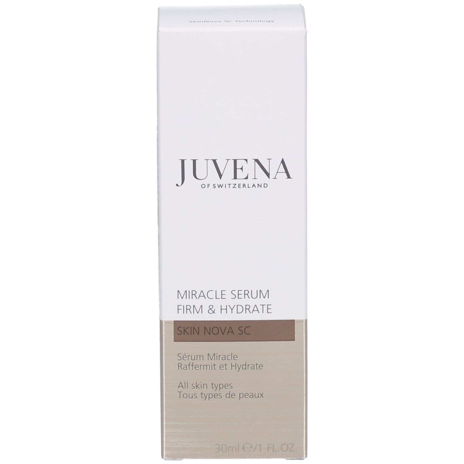 Produktverpackung mit Schachtel. Aufschrift: Juvena, Miracle Serum Firm & Hydrate, Skin Nova SC.