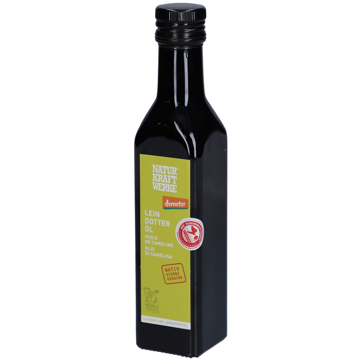 Bouteille en verre foncé avec bouchon noir. Étiquette avec nom du produit et label Demeter. Huile de cameline.