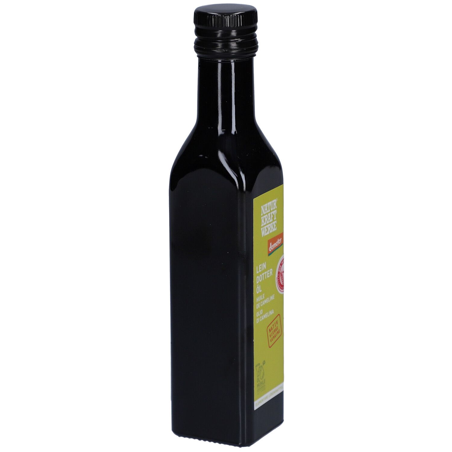 Bouteille en verre foncé avec bouchon noir. Étiquette avec nom du produit et label Demeter. Vue latérale.
