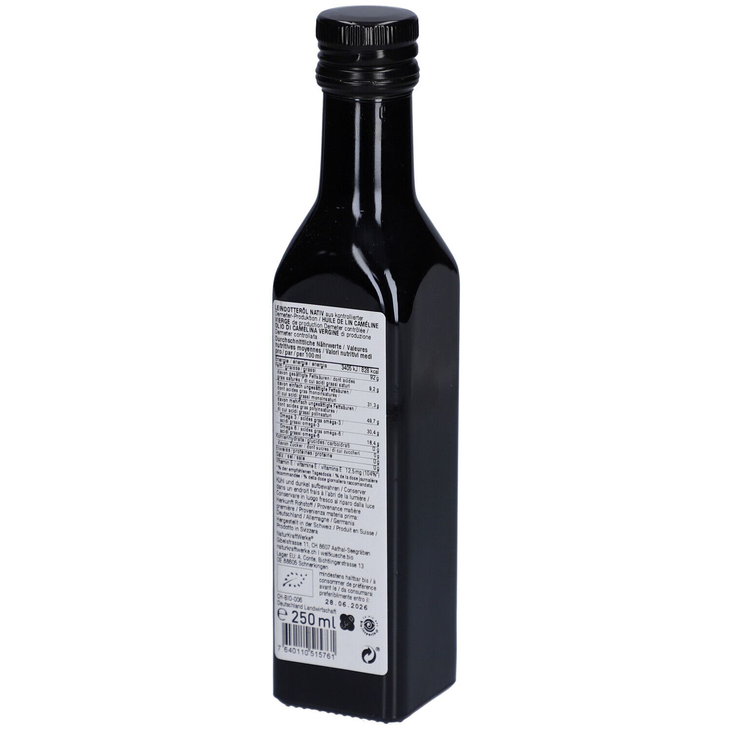 Dos de la bouteille en verre foncé. Étiquette avec informations nutritionnelles et ingrédients. 250 ml.