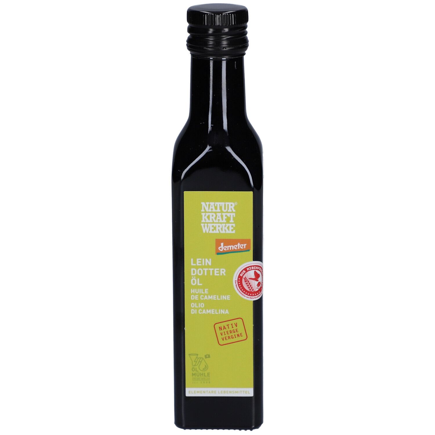 Bouteille en verre foncé avec bouchon noir. Étiquette avec nom du produit et label Demeter. Huile de cameline.