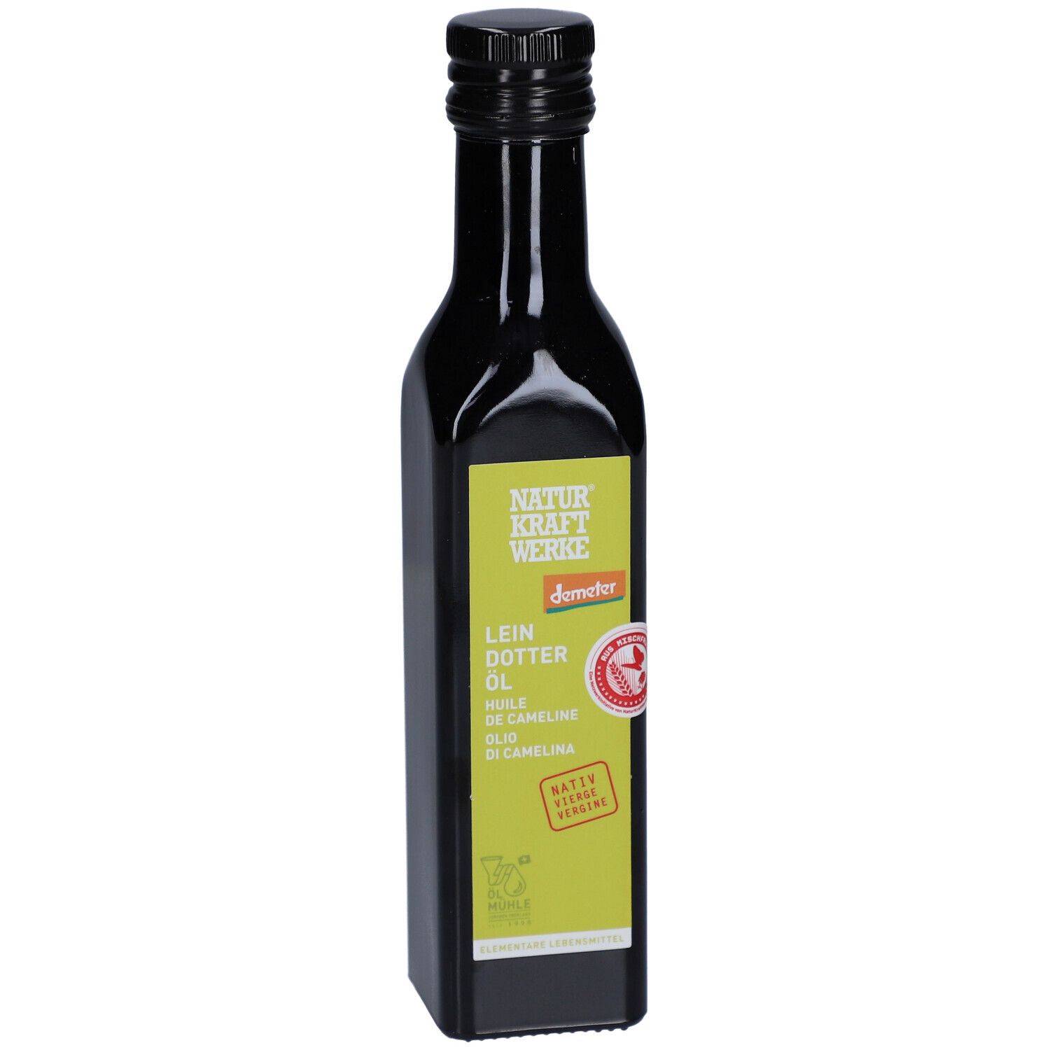 Bouteille en verre foncé avec bouchon noir. Étiquette avec nom du produit et label Demeter. Huile de cameline.