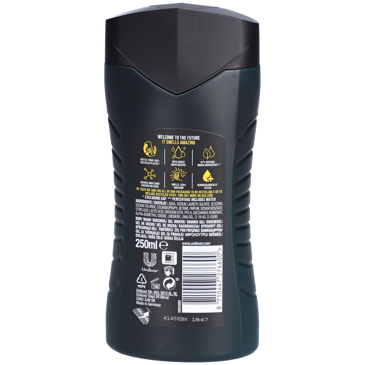 Rückseite der schwarzen Duschgelflasche. Enthält Text und Symbole. Unten steht "250ml e".
