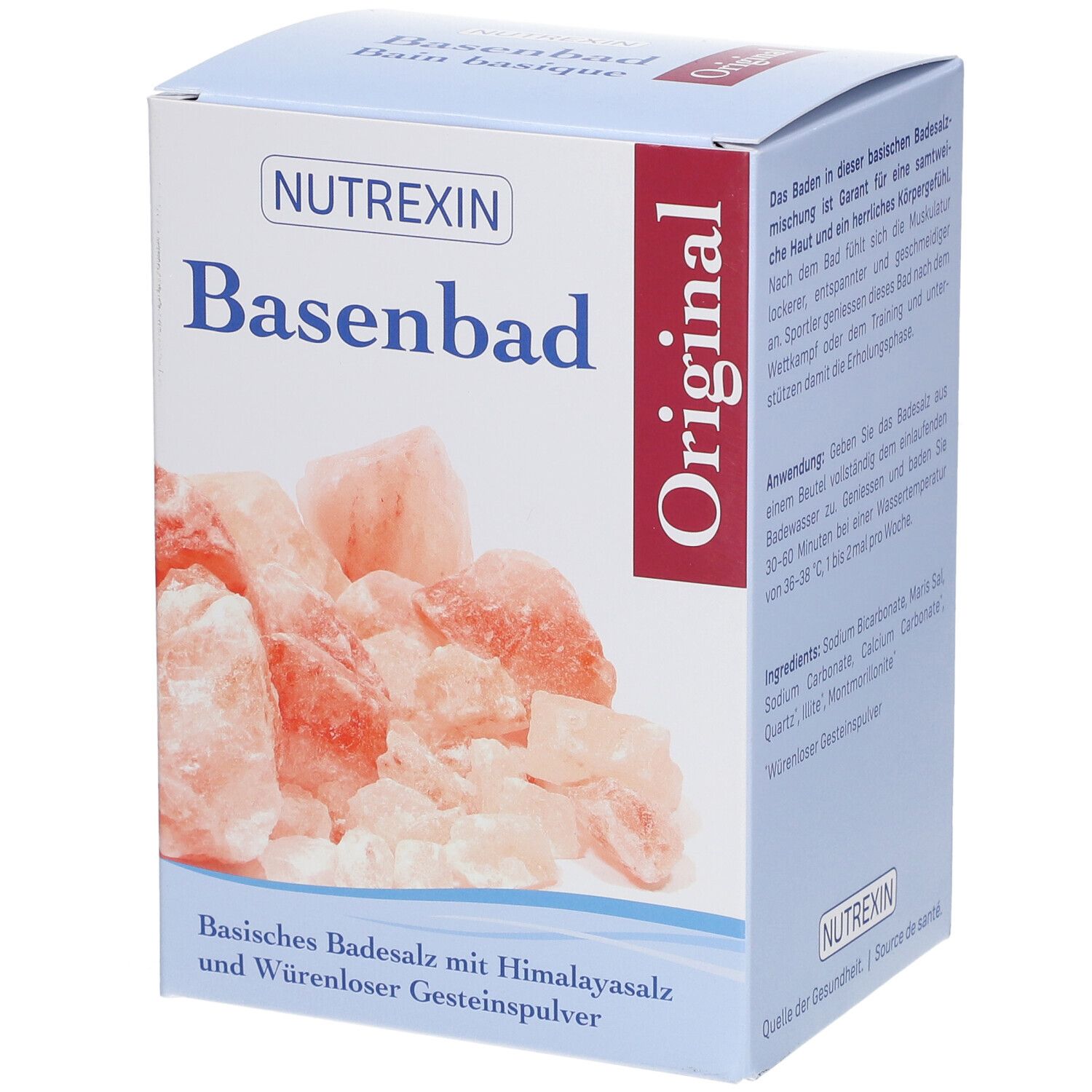 Hellblaue Schachtel mit "NUTREXIN Basenbad Original". Rosa Kristalle. Text: "Basisches Badesalz mit Himalayasalz".